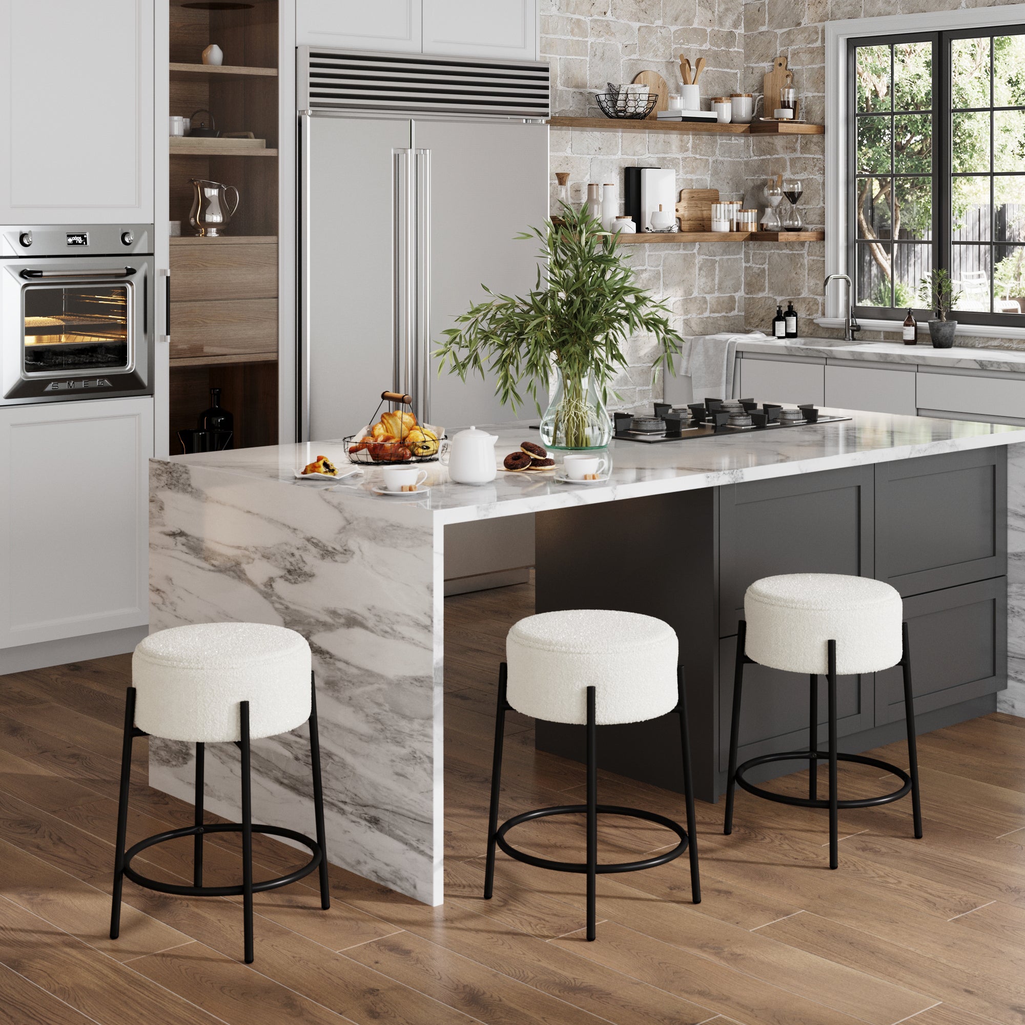 Round Boucle Backless Counter Height Bar Stools (Set of 3) - Nathan James
