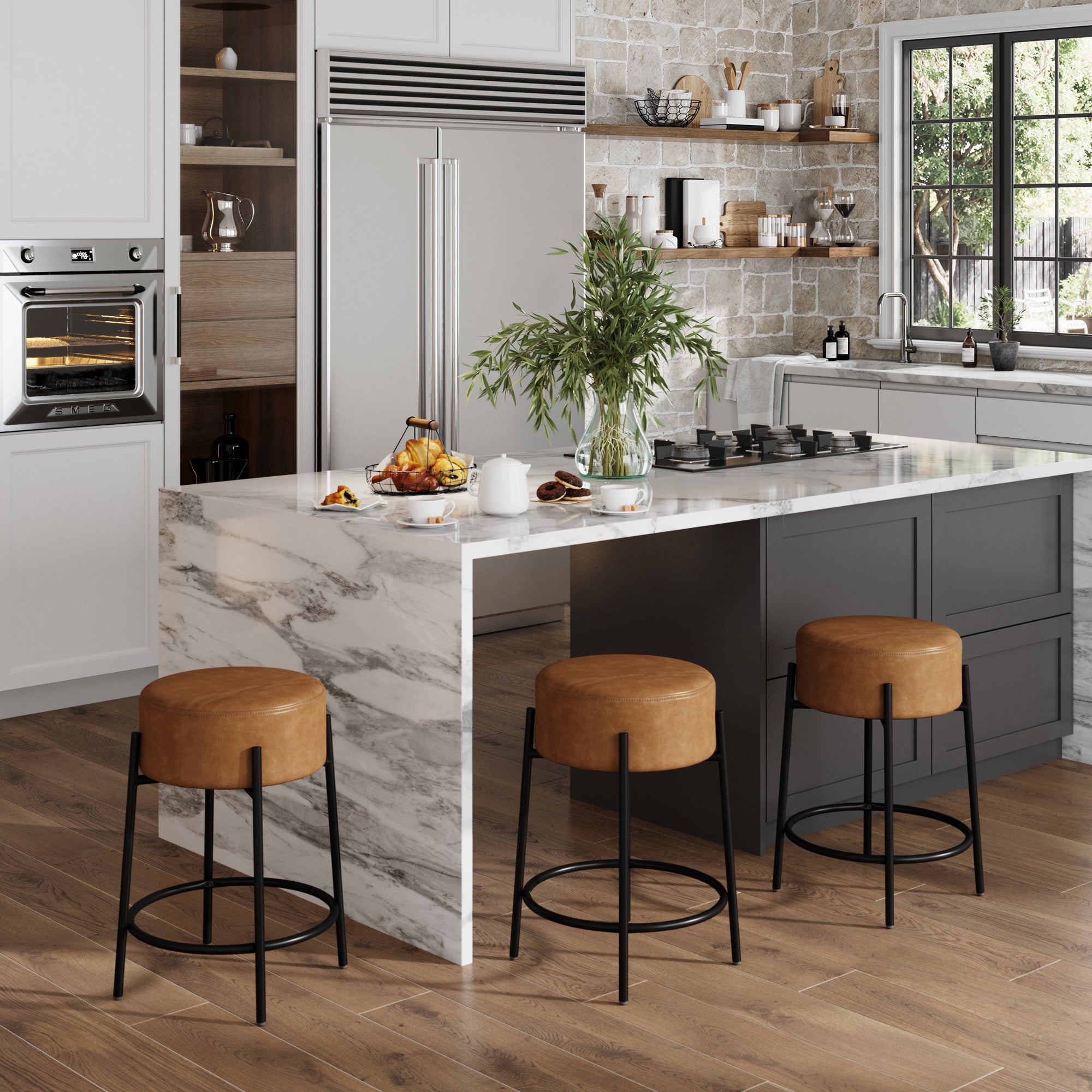 Round Faux Leather Backless Counter Height Bar Stools Brown (Set of 3) - Nathan James