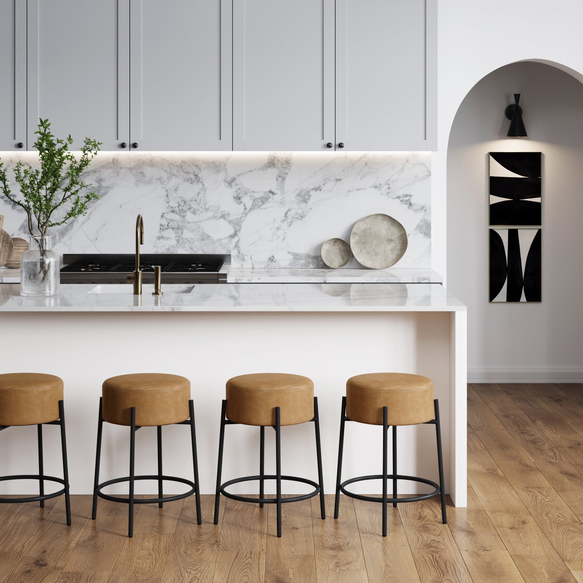 Round Faux Leather Backless Counter Height Bar Stools Brown (Set of 4) - Nathan James