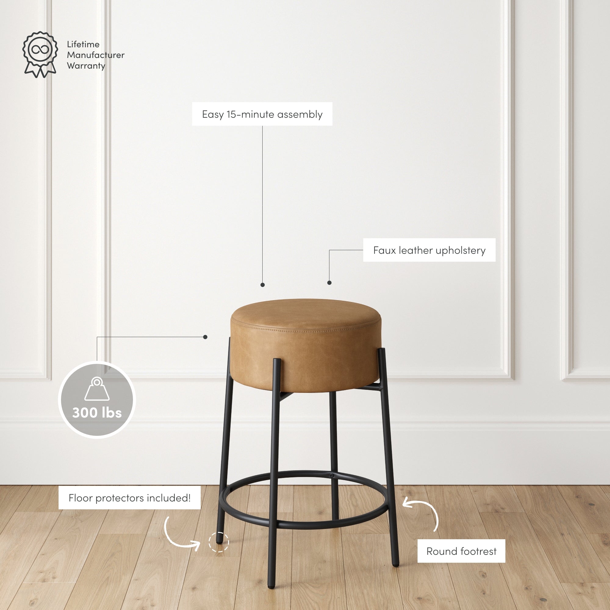 A brown faux leather round stool with black metal legs and a circular footrest is shown on a wooden floor. Labels highlight its 300-pound weight limit, easy 15-minute assembly, included floor protectors, and manufacturer warranty.