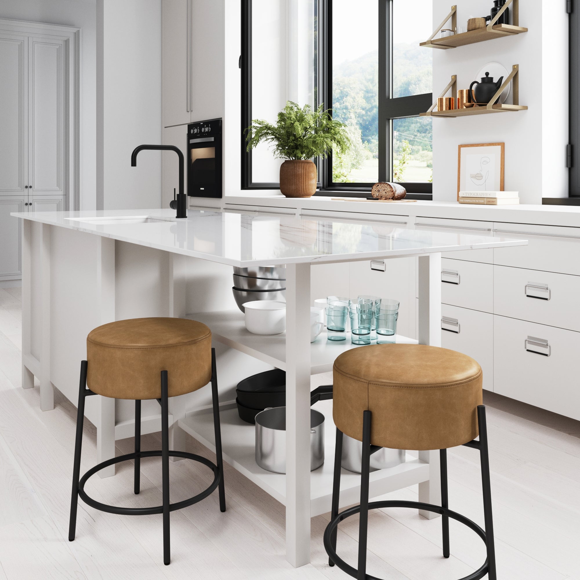 Round Faux Leather Backless Counter Height Bar Stool Brown - Nathan James