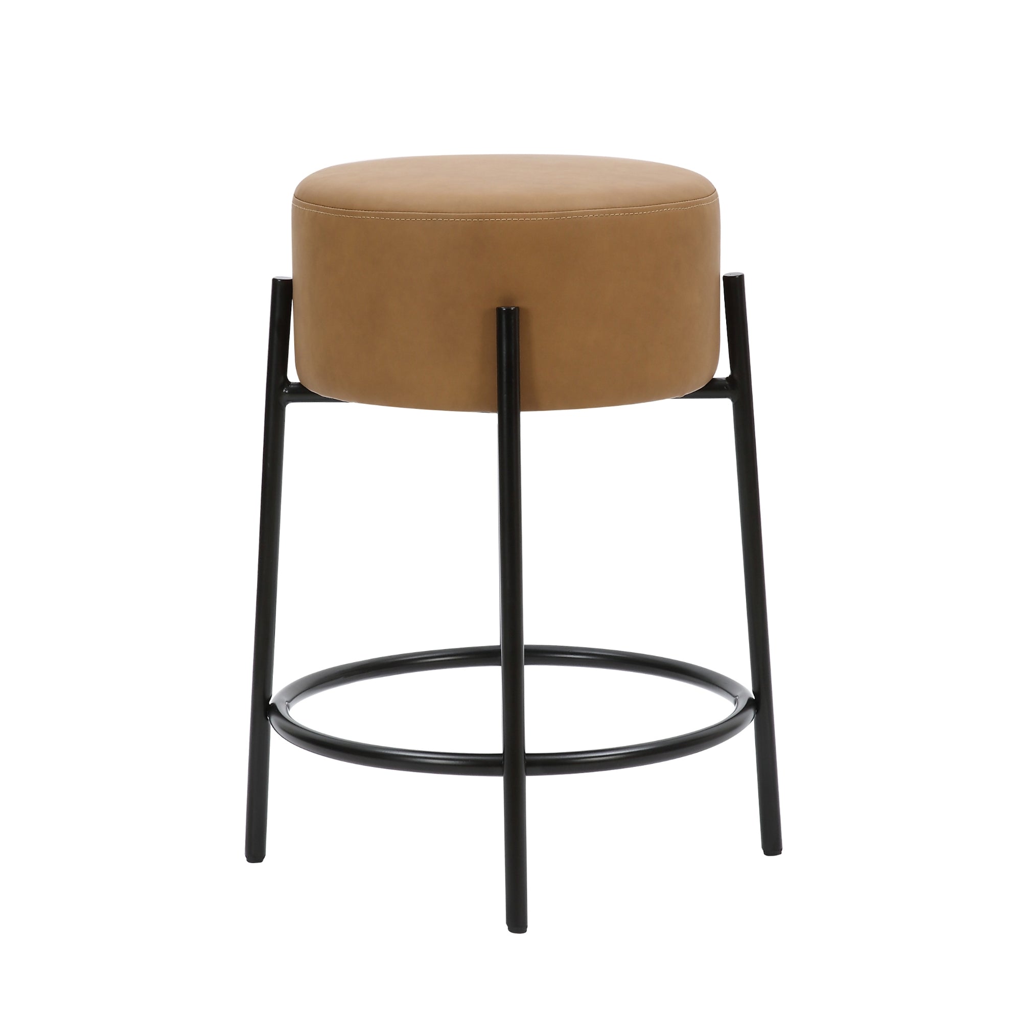 A modern barstool with a round, tan cushioned seat and black metal legs featuring a circular footrest.