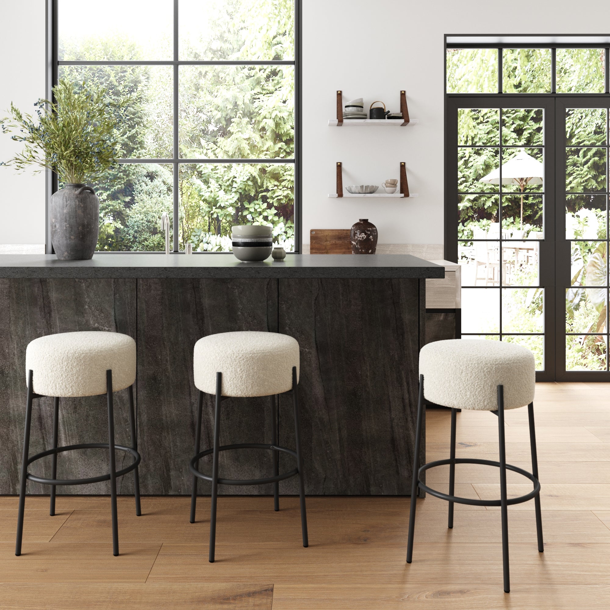 Round White Boucle Backless Bar Height Stool - Nathan James