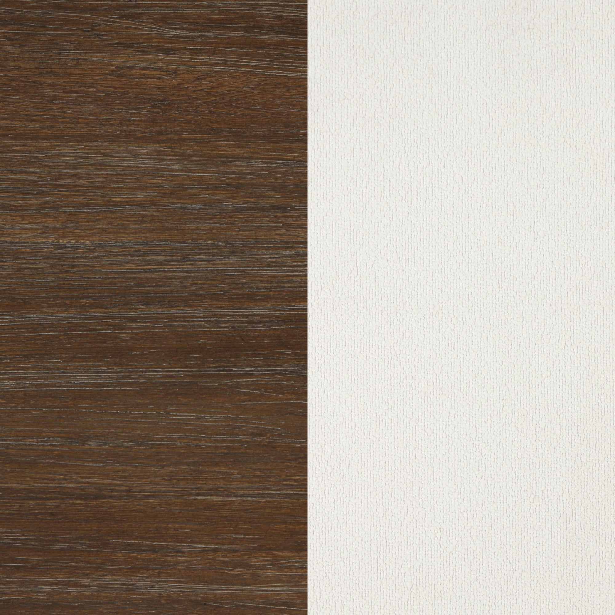 A vertical split image showing two textures: dark brown wood grain on the left and smooth, off-white textured surface on the right.