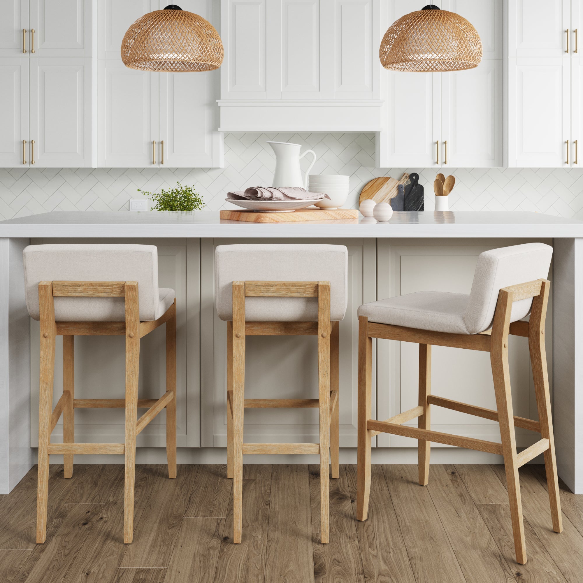 Exposed Wood Back Boucle Bar Stool Warm Pine Boucle (Set of 3) - Nathan James