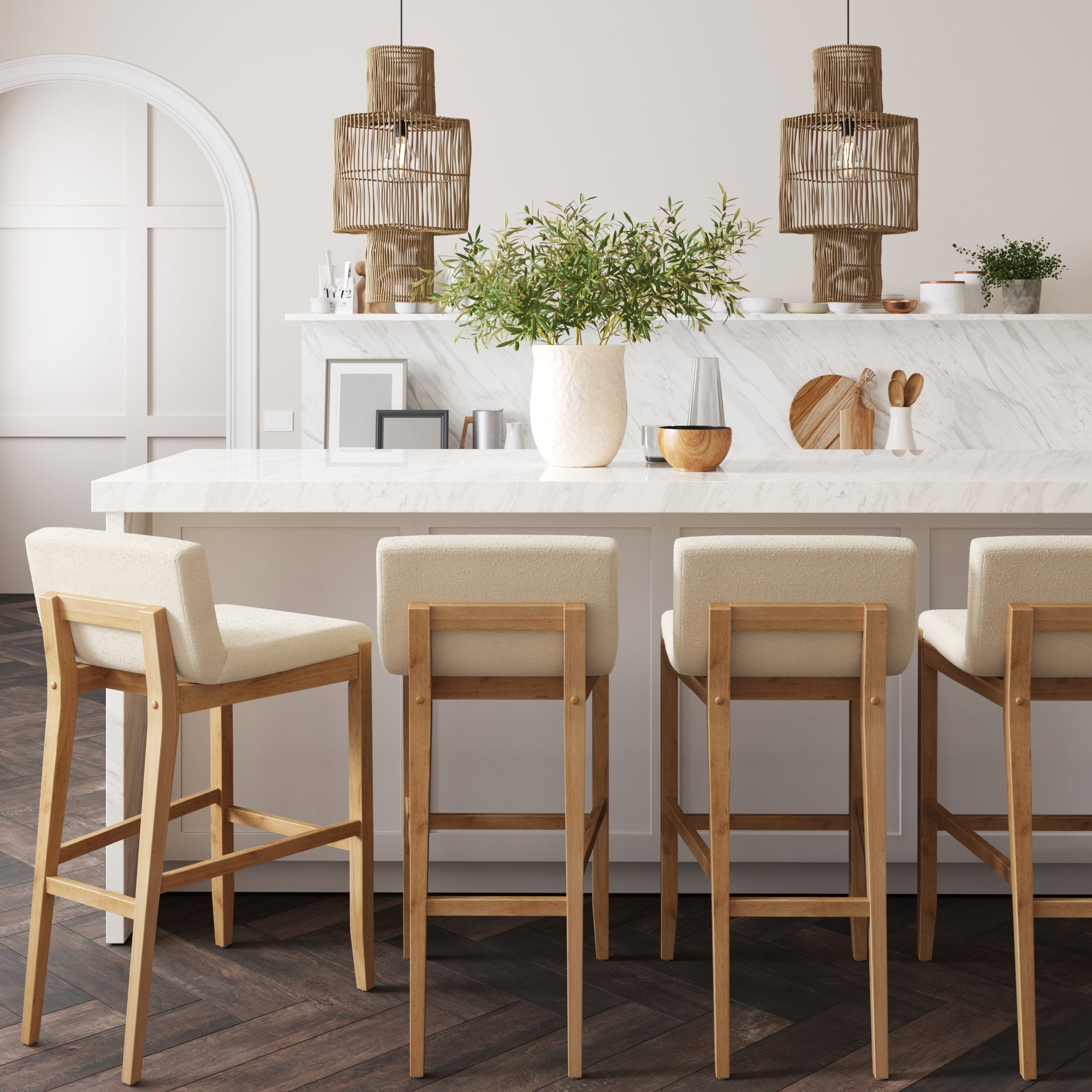 Exposed Wood Back Boucle Bar Stool Warm Pine Boucle (Set of 4) - Nathan James