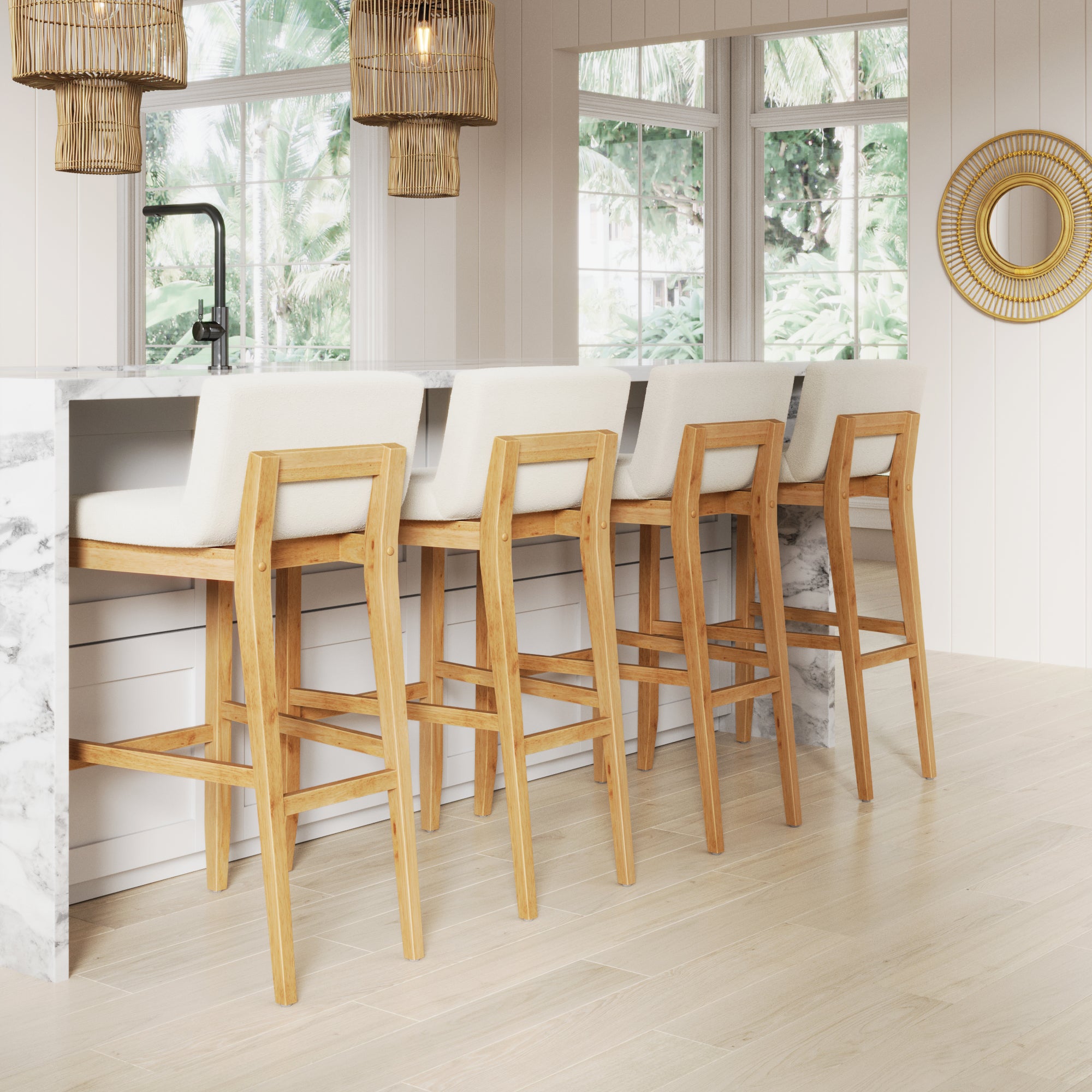 Exposed Wood Back Boucle Bar Stool Warm Pine Boucle (Set of 4) - Nathan James
