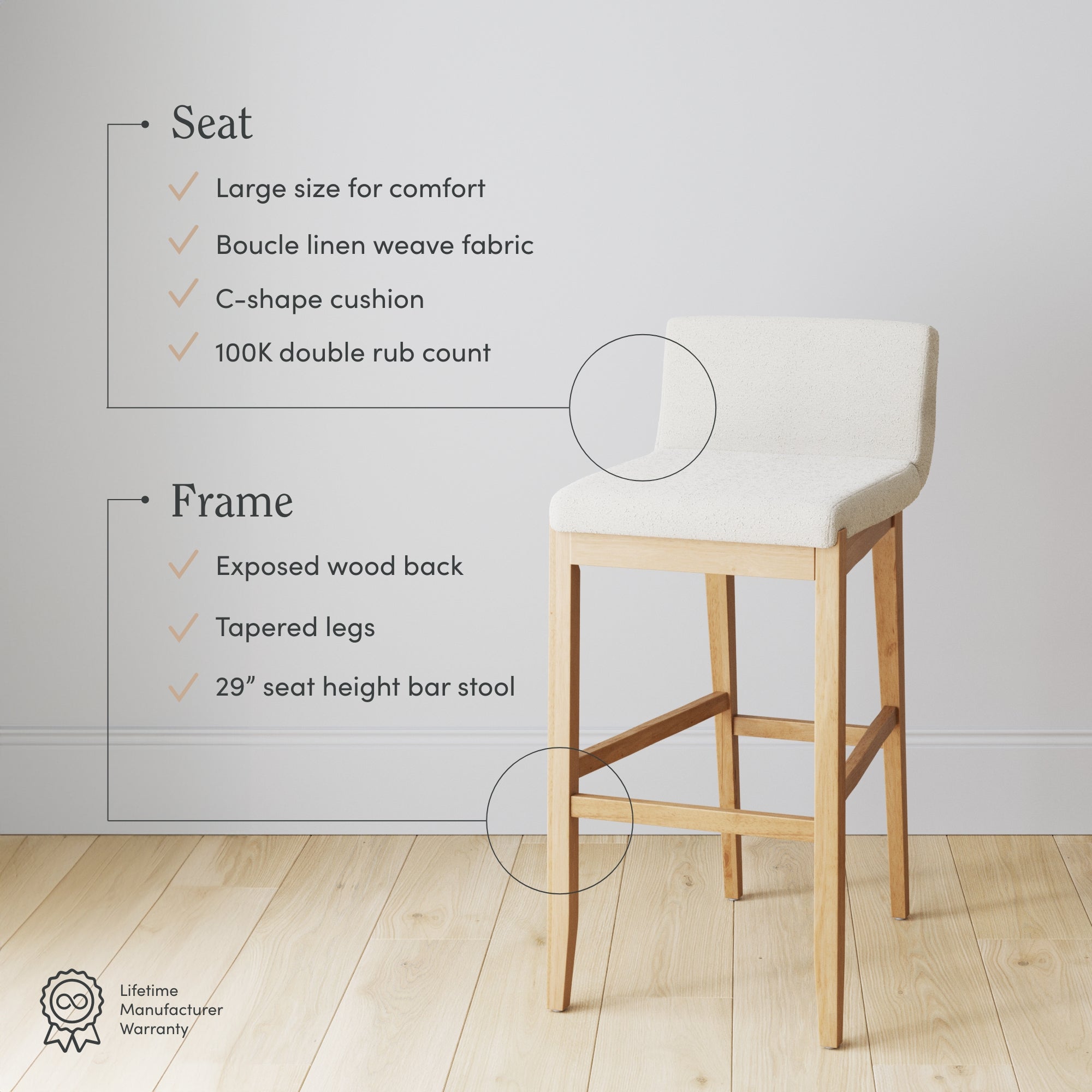 Exposed Wood Back Boucle Bar Stool Warm Pine Boucle (Set of 3) - Nathan James