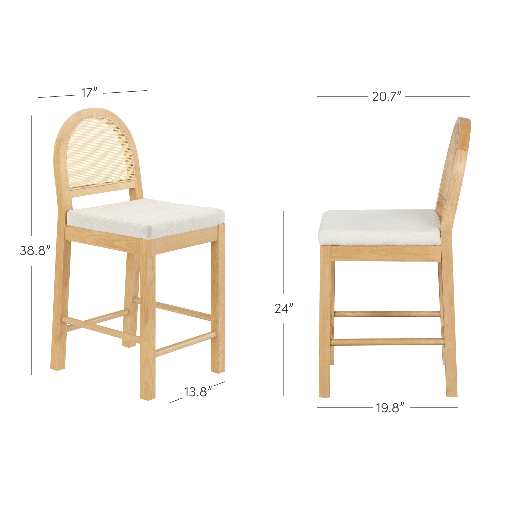 Two wooden barstools with cream cushioned seats and woven rattan backs are shown from front and side angles, with dimensions: 38.8 height, 20.7 width, 24 seat height, and 13.8-19.8 depth.