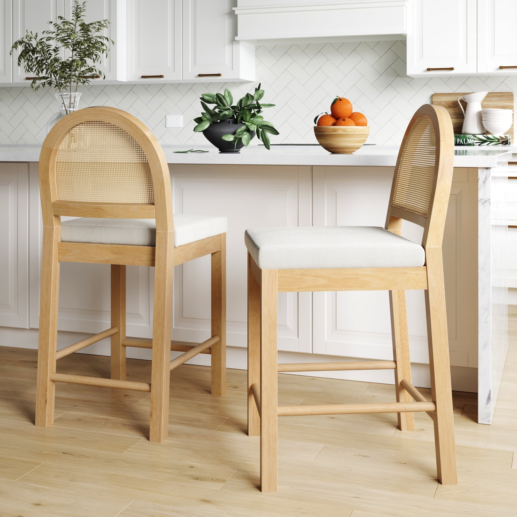 Boucle & Rattan Counter Height Bar Stools Warm Pine (Set of 2) - Nathan James