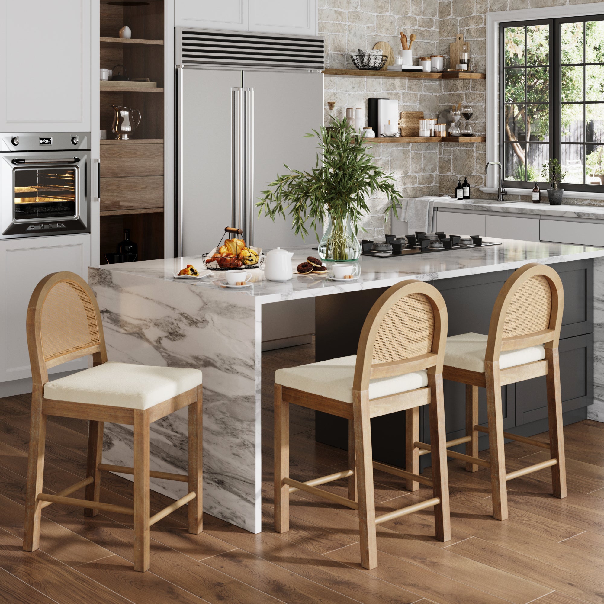 Boucle & Rattan Counter Height Bar Stools Light Brown (Set of 3) - Nathan James