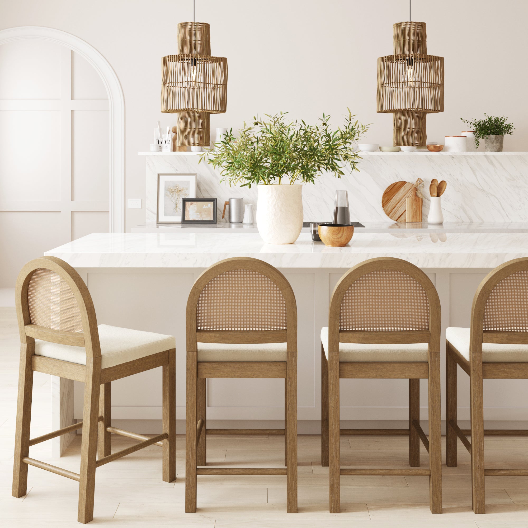 Boucle & Rattan Counter Height Bar Stools Light Brown (Set of 4) - Nathan James