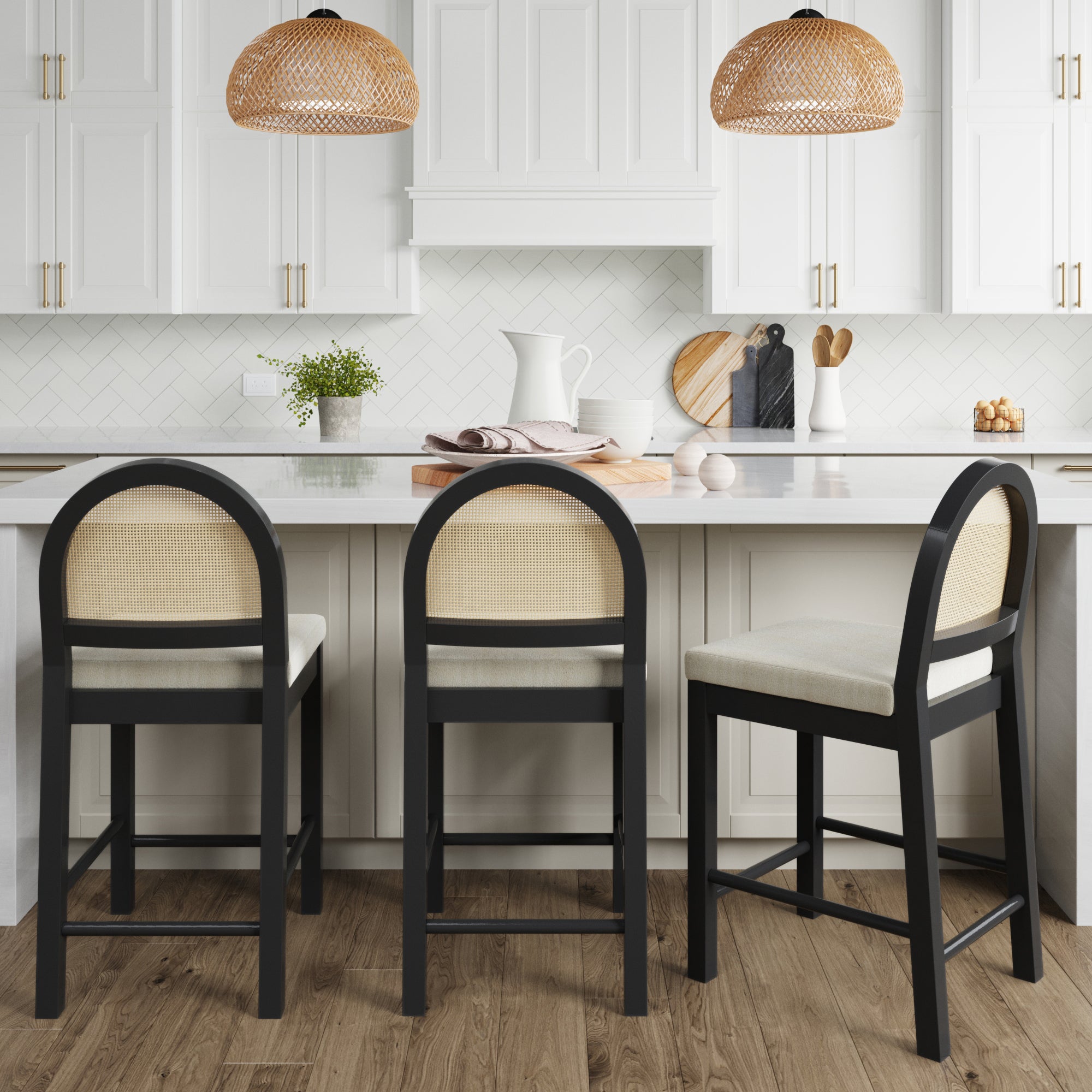 Boucle & Rattan Counter Height Bar Stools Black (Set of 3) - Nathan James