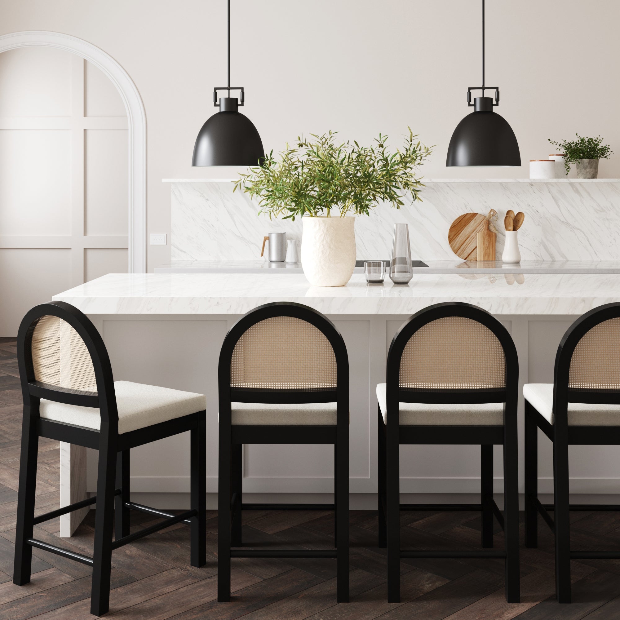 Boucle & Rattan Counter Height Bar Stools Black (Set of 4) - Nathan James