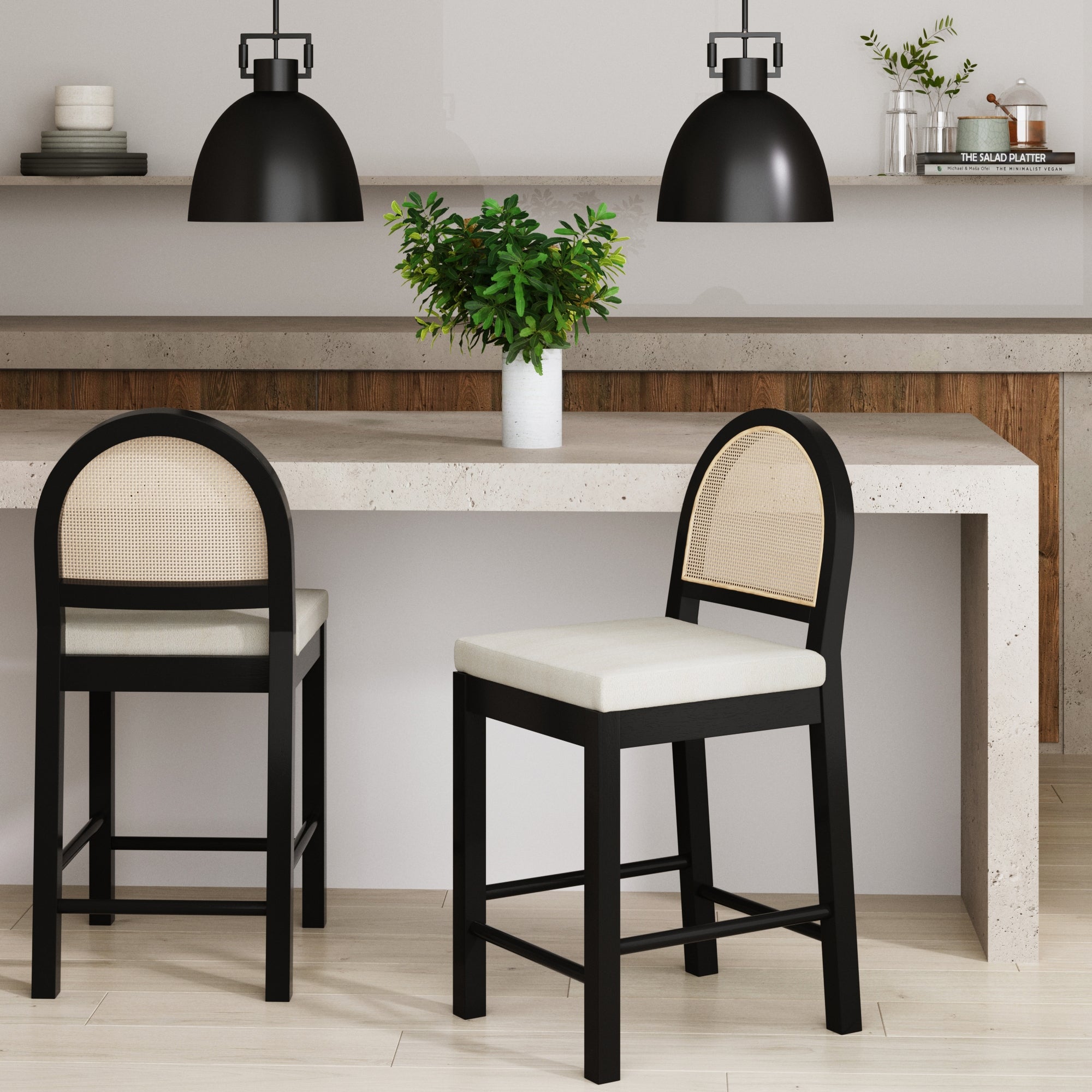 Boucle & Rattan Counter Height Bar Stools Black (Set of 2) - Nathan James