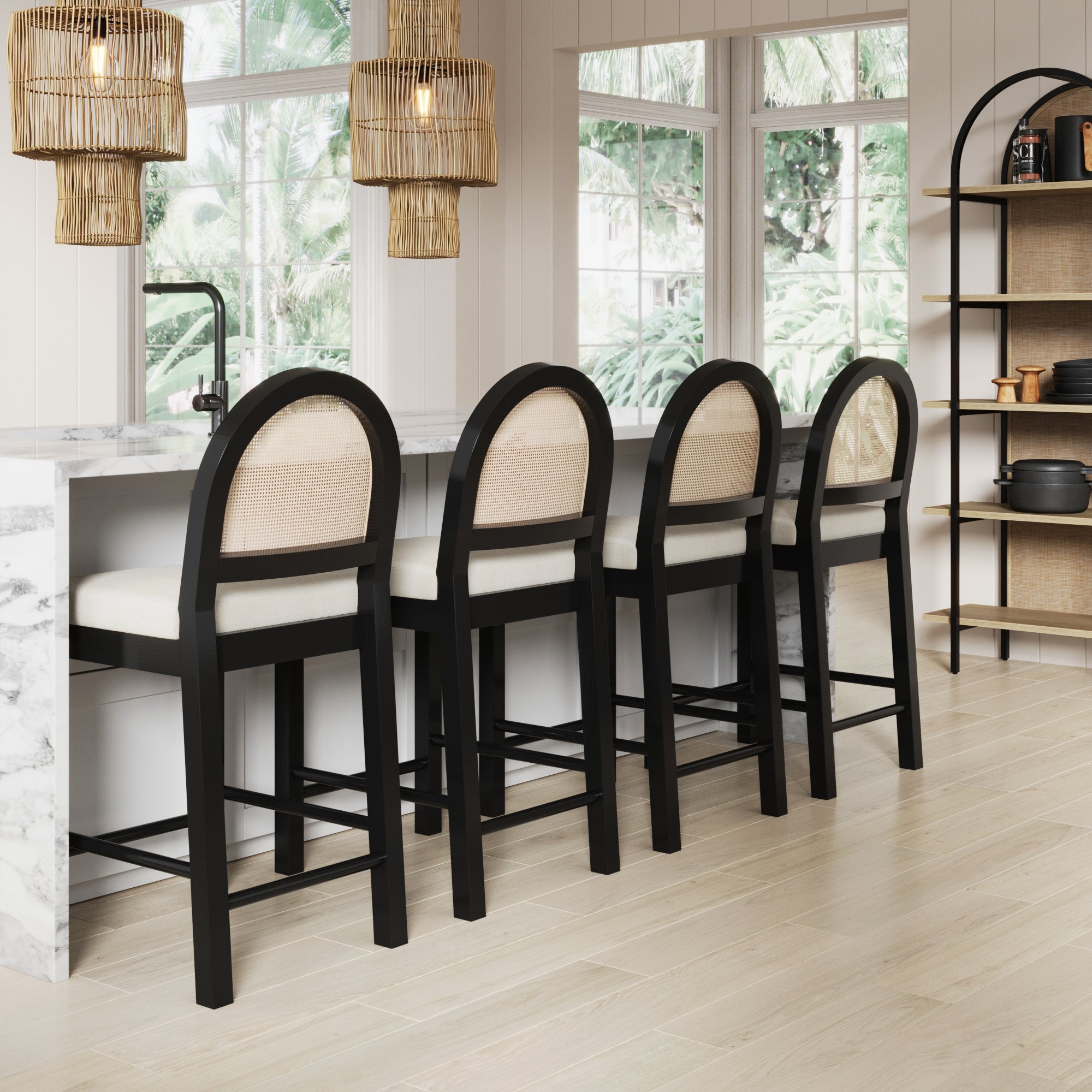 Boucle & Rattan Counter Height Bar Stools Black (Set of 4) - Nathan James