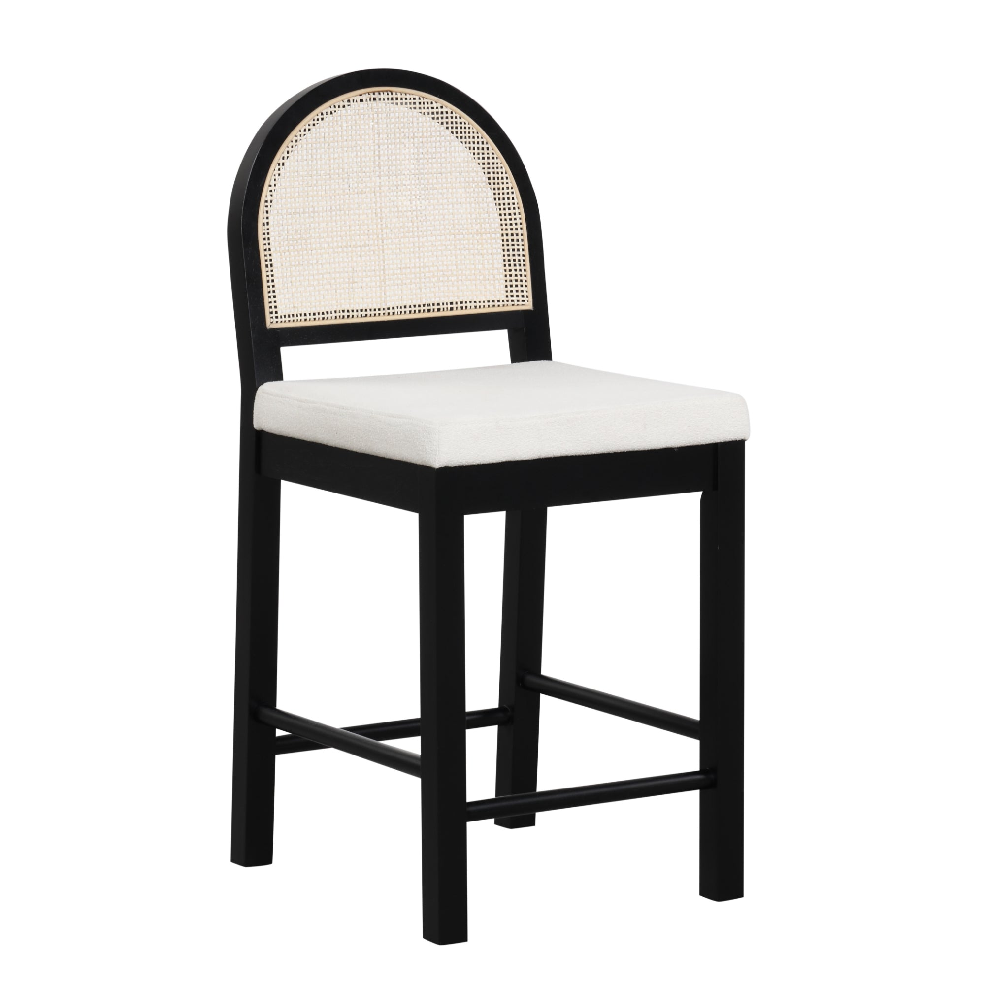 A black wooden bar stool with a curved, woven cane backrest and a white cushioned seat. The legs are straight with footrests connecting them.