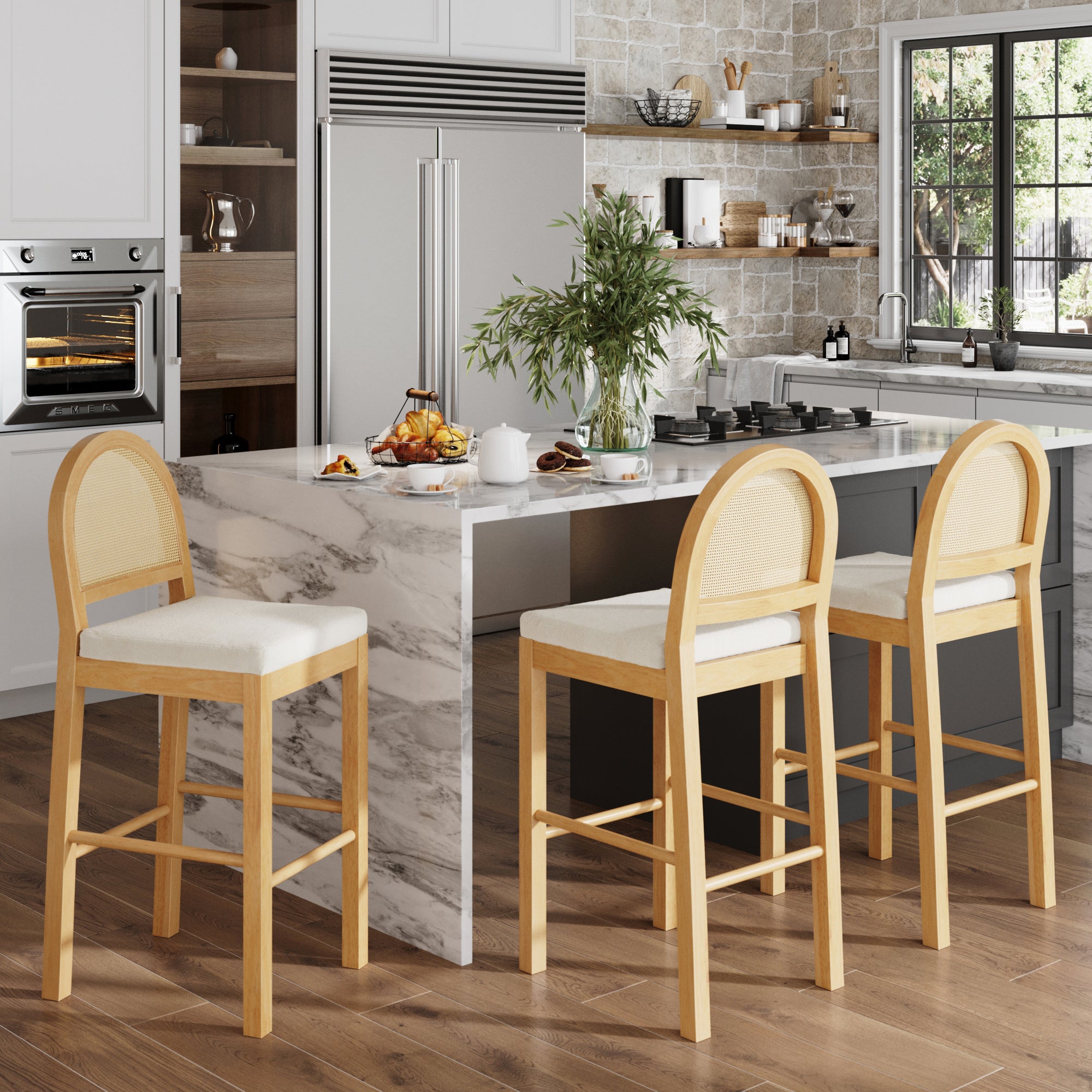 Boucle & Rattan Bar Stools Warm Pine (Set of 3) - Nathan James