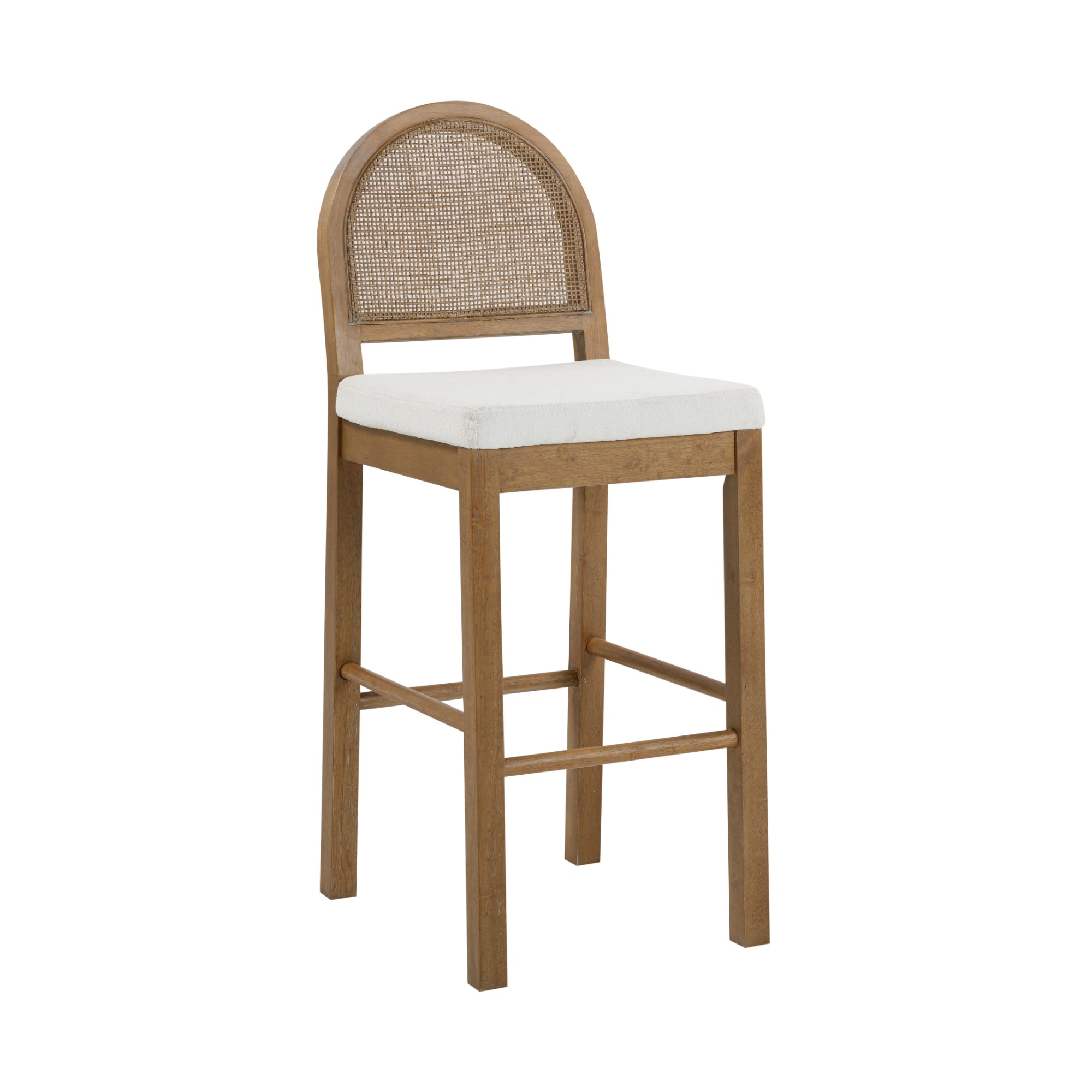 A wooden bar stool with a rounded backrest made of woven cane and a white cushioned seat. The stool has four straight legs and footrests, featuring a natural wood finish.