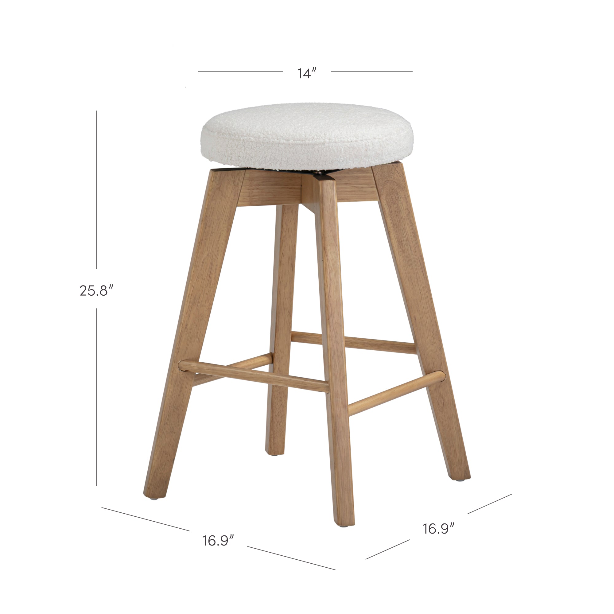 A wooden stool with four angled legs and a round, white cushioned seat. Dimensions shown: seat diameter 14 inches, height 25.8 inches, and base 16.9 inches wide on each side.