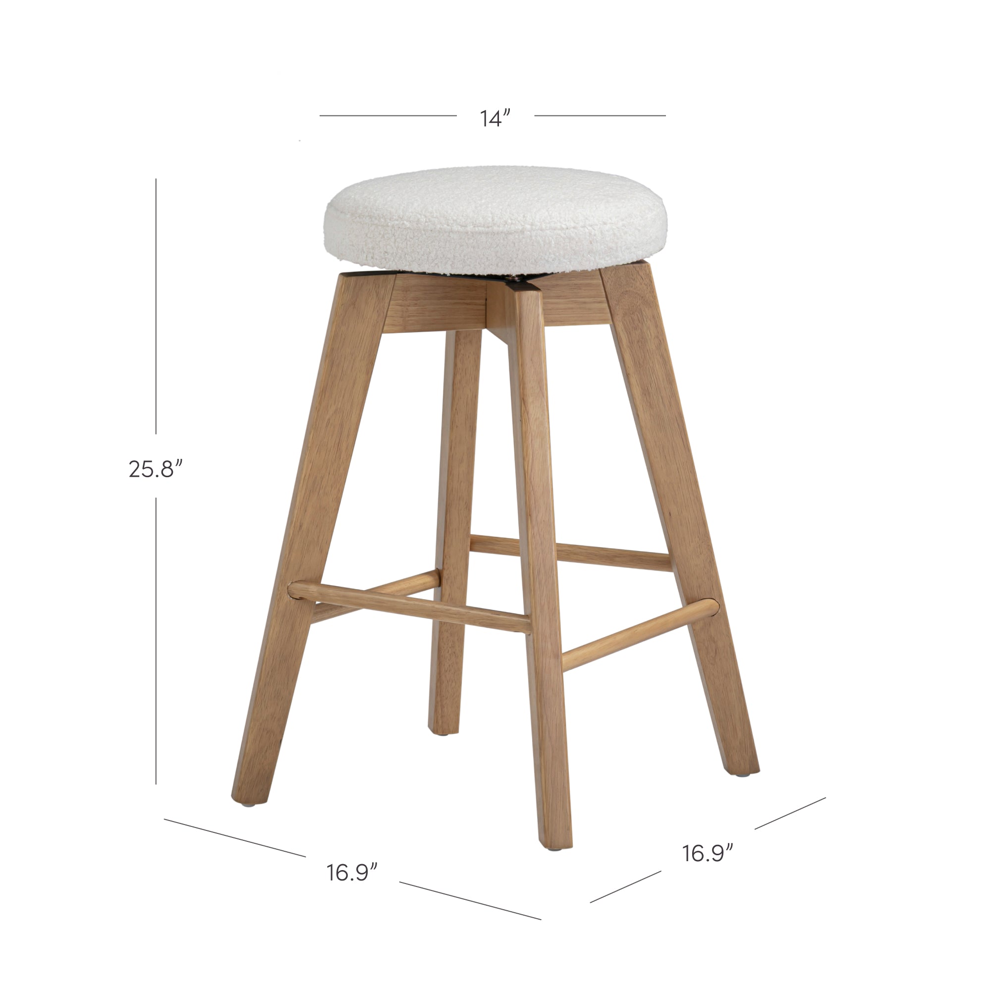 A wooden bar stool with a round, white cushioned seat. The stool measures 25.8 inches tall, with seat width of 14 inches and leg spans of 16.9 inches, shown with labeled dimensions.