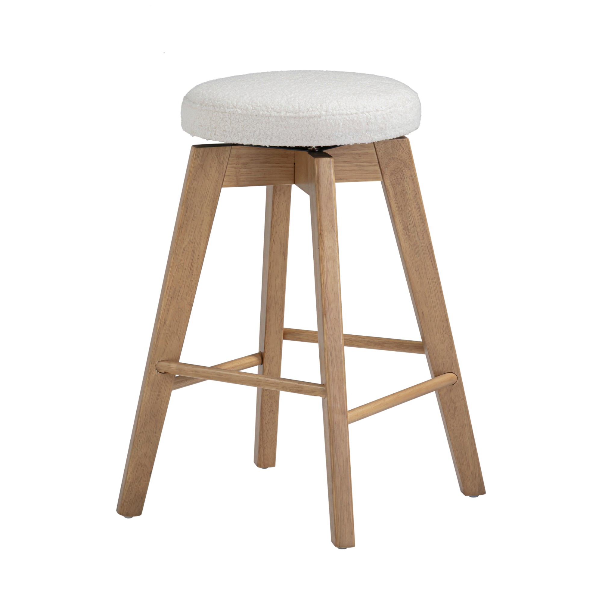 A wooden stool with four angled legs, horizontal support bars, and a round, white cushioned seat. The design is modern and minimalistic.