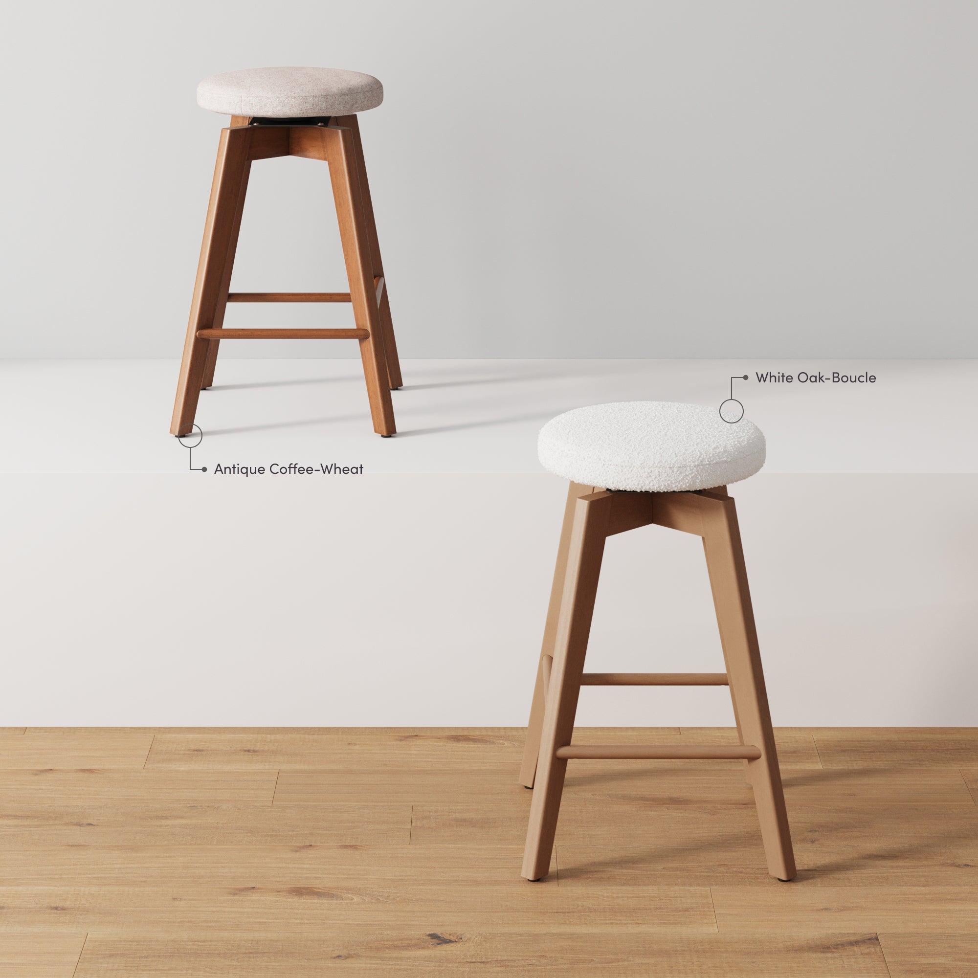 Two wooden stools with cushioned seats displayed in a minimalist setting; one stool has a beige Antique Coffee-Wheat seat and the other has a white White Oak-Boucle seat, both on a wood floor and white platform.