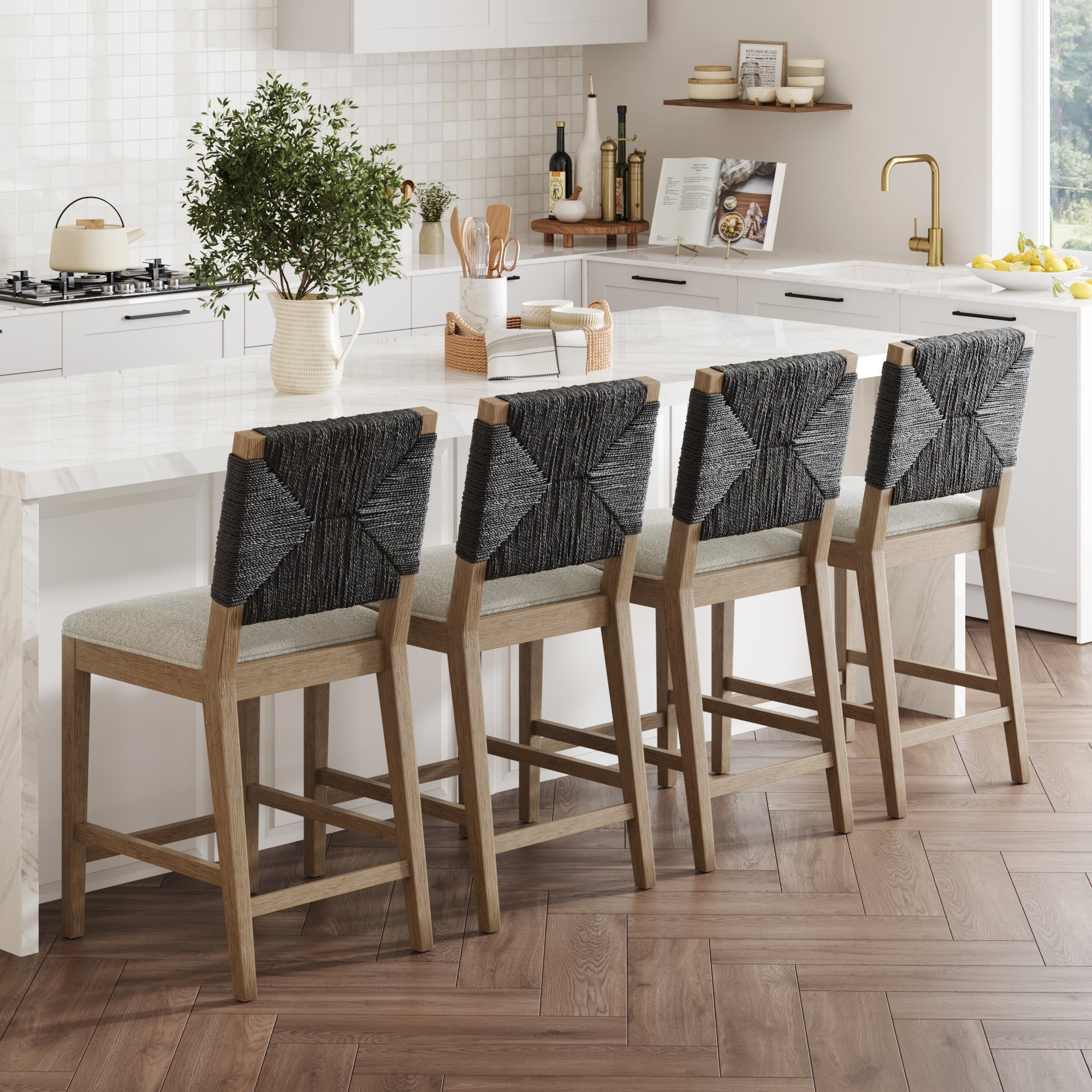 Boucle & Seagrass Counter Height Bar Stools Black (Set of 4) - Nathan James