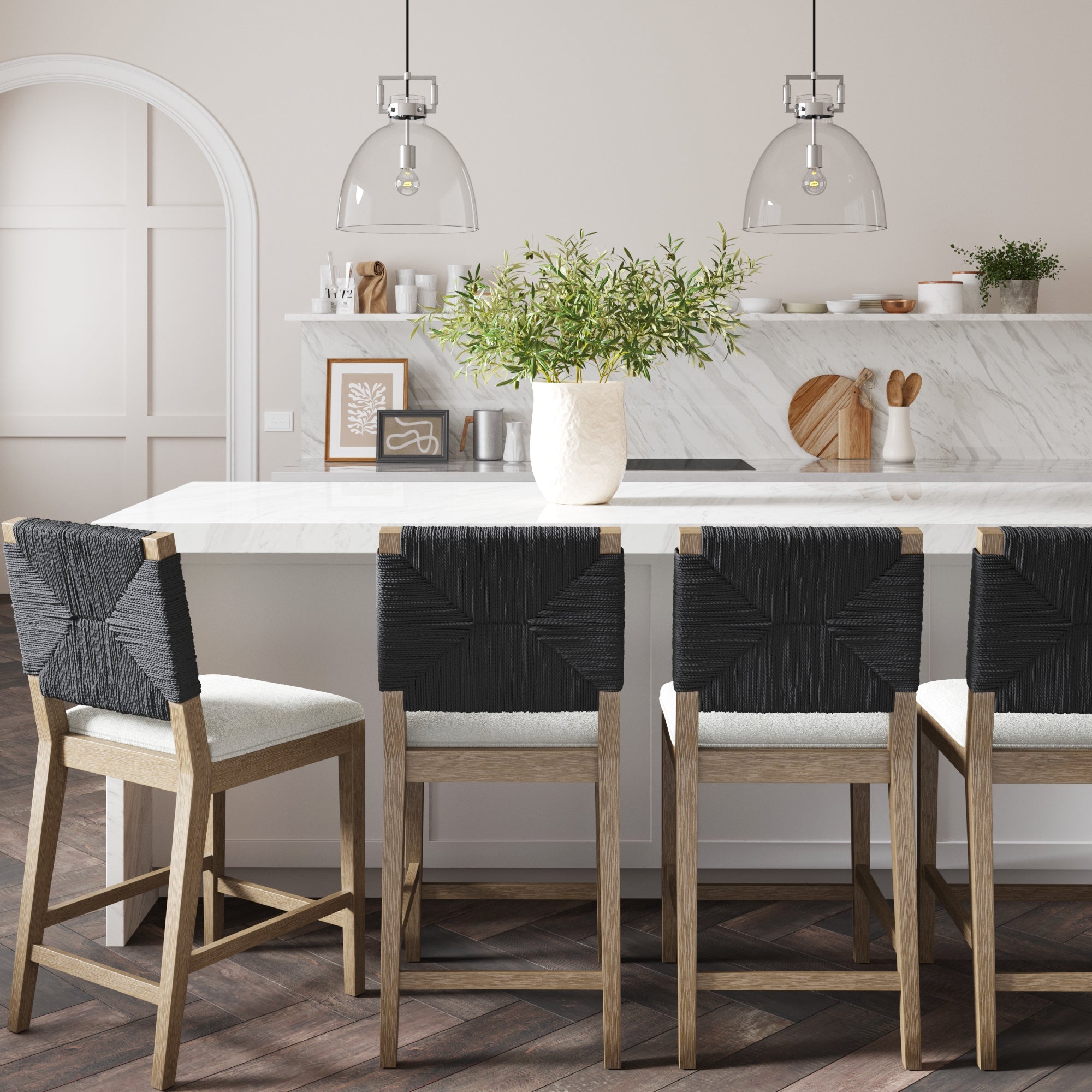 Boucle & Seagrass Counter Height Bar Stools Black (Set of 4) - Nathan James