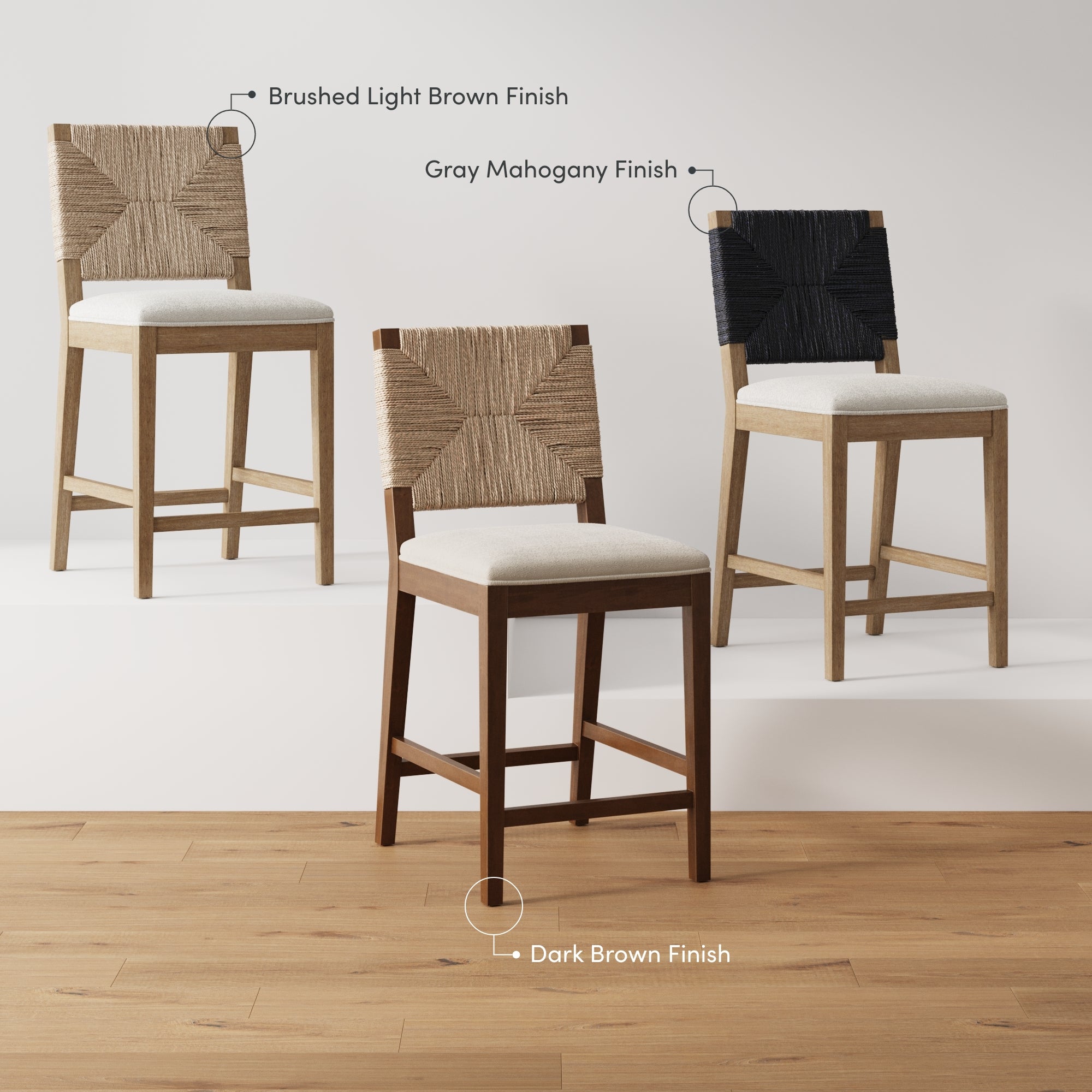 Three wooden barstools with woven backs are displayed. The left chair has a brushed light brown finish, the middle chair has a gray mahogany finish, and the right chair has a dark brown finish. All have light cushioned seats.