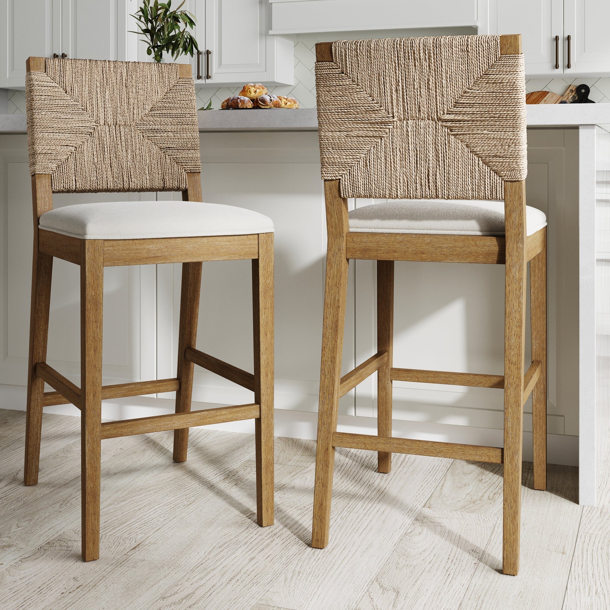 Boucle & Seagrass Bar Stool Light Brown (Set of 2) - Nathan James