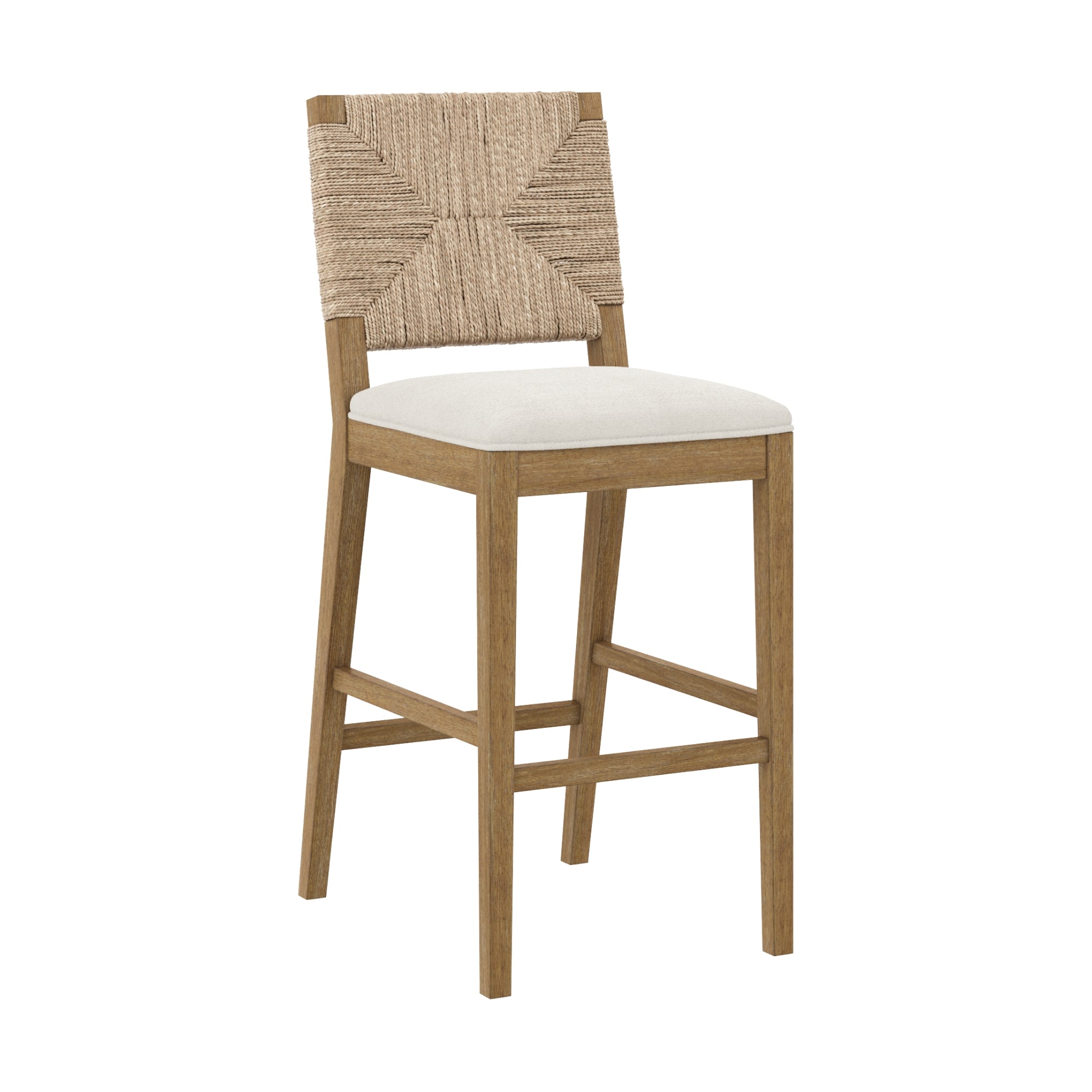 The Nathan James Test-Beacon Bar Stool-Single-White features a wooden frame, white cushioned seat, and a geometric textured woven backrest. It has four legs and a footrest for added comfort.