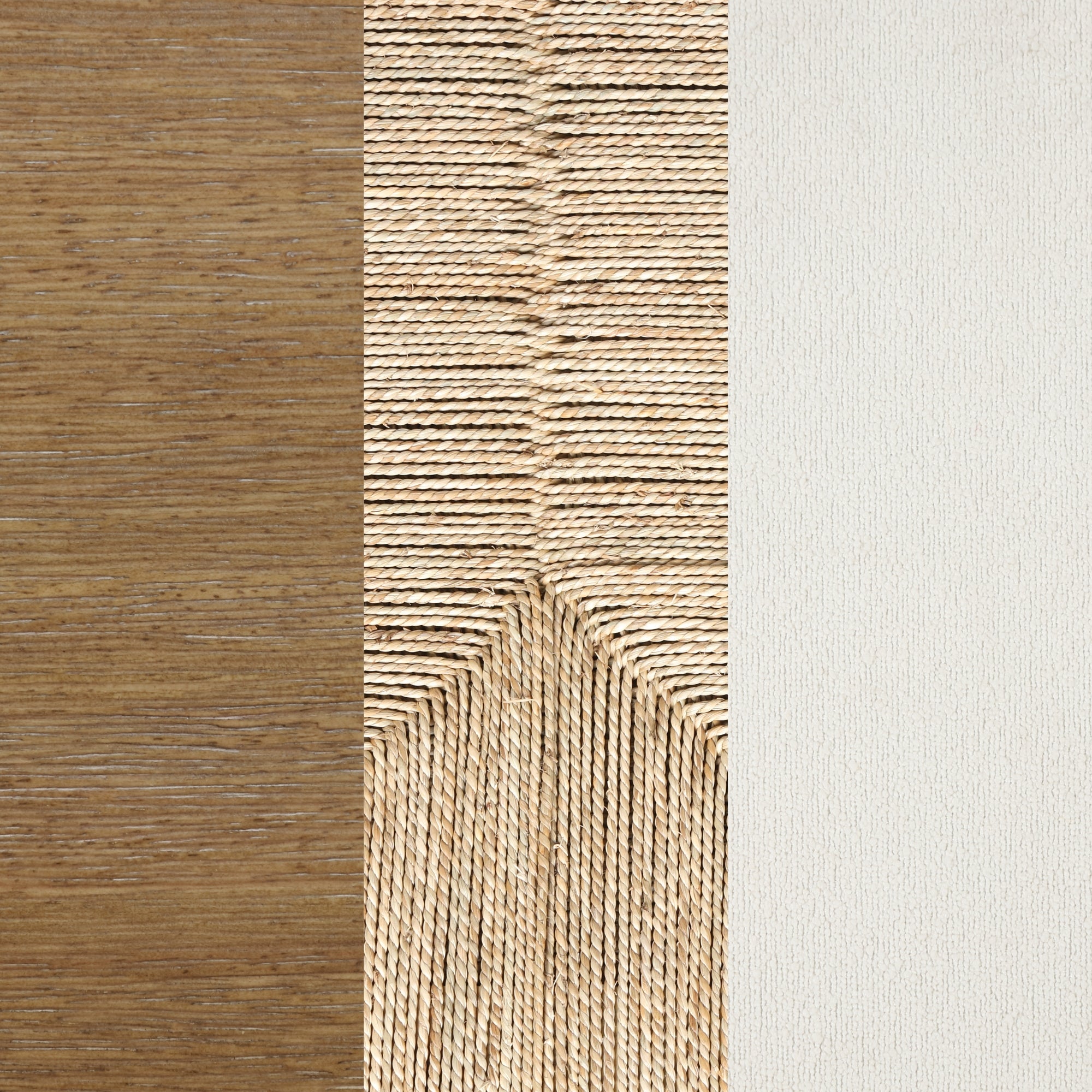 Three vertical panels: the left shows a smooth wooden texture, the center features tightly woven natural fibers in a chevron pattern, and the right displays a plain, light-colored fabric.