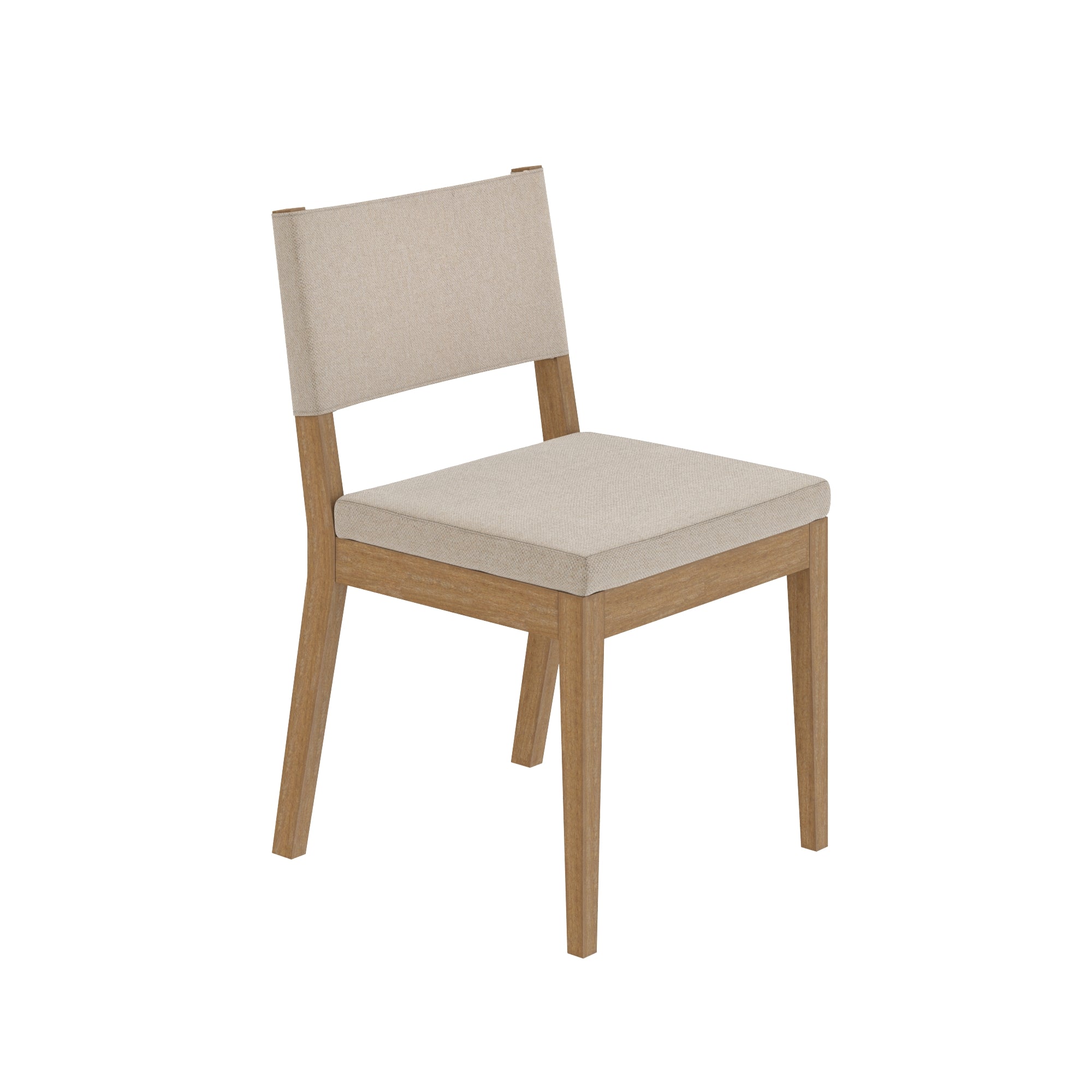 A modern wooden chair with a beige upholstered seat and backrest, featuring clean lines and a simple, minimalist design. The chair is positioned at an angle on a white background.