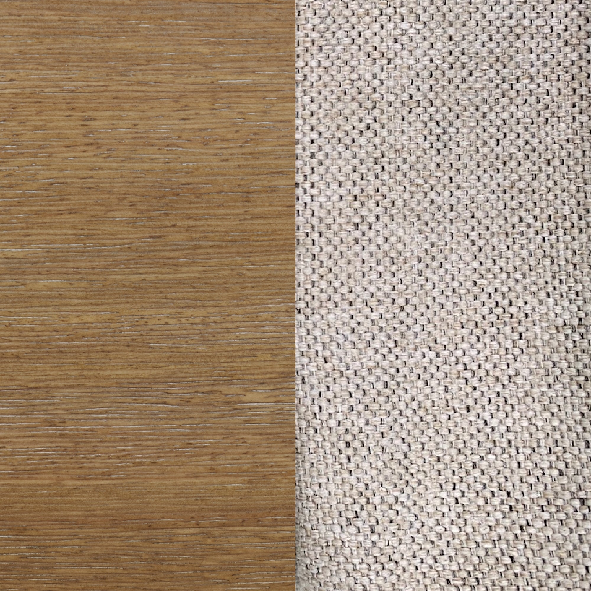 A close-up image shows two contrasting textures side by side: smooth, light brown wood grain on the left and coarse, beige woven fabric on the right.