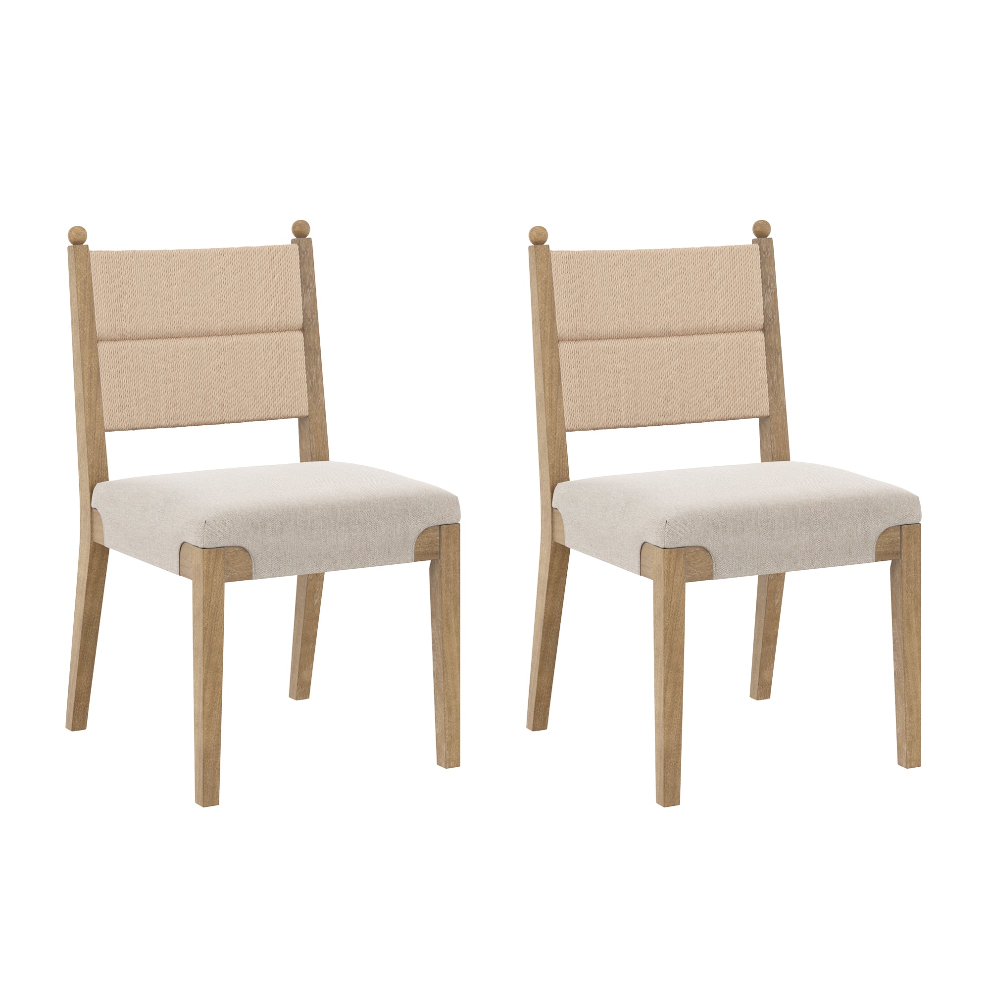 Two wooden dining chairs with light beige upholstered seats and backrests, simple design, and angled legs, placed side by side on a white background.