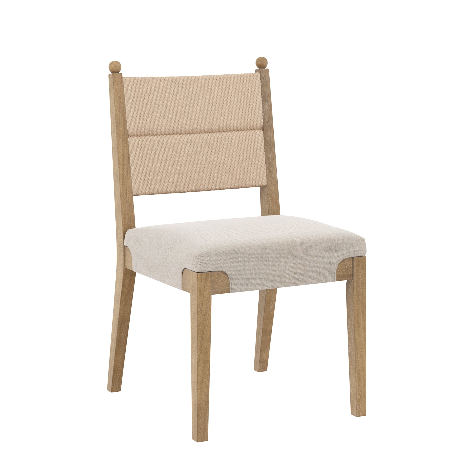A wooden chair with a light brown frame, beige upholstered seat, and a textured beige fabric backrest, shown against a plain white background.