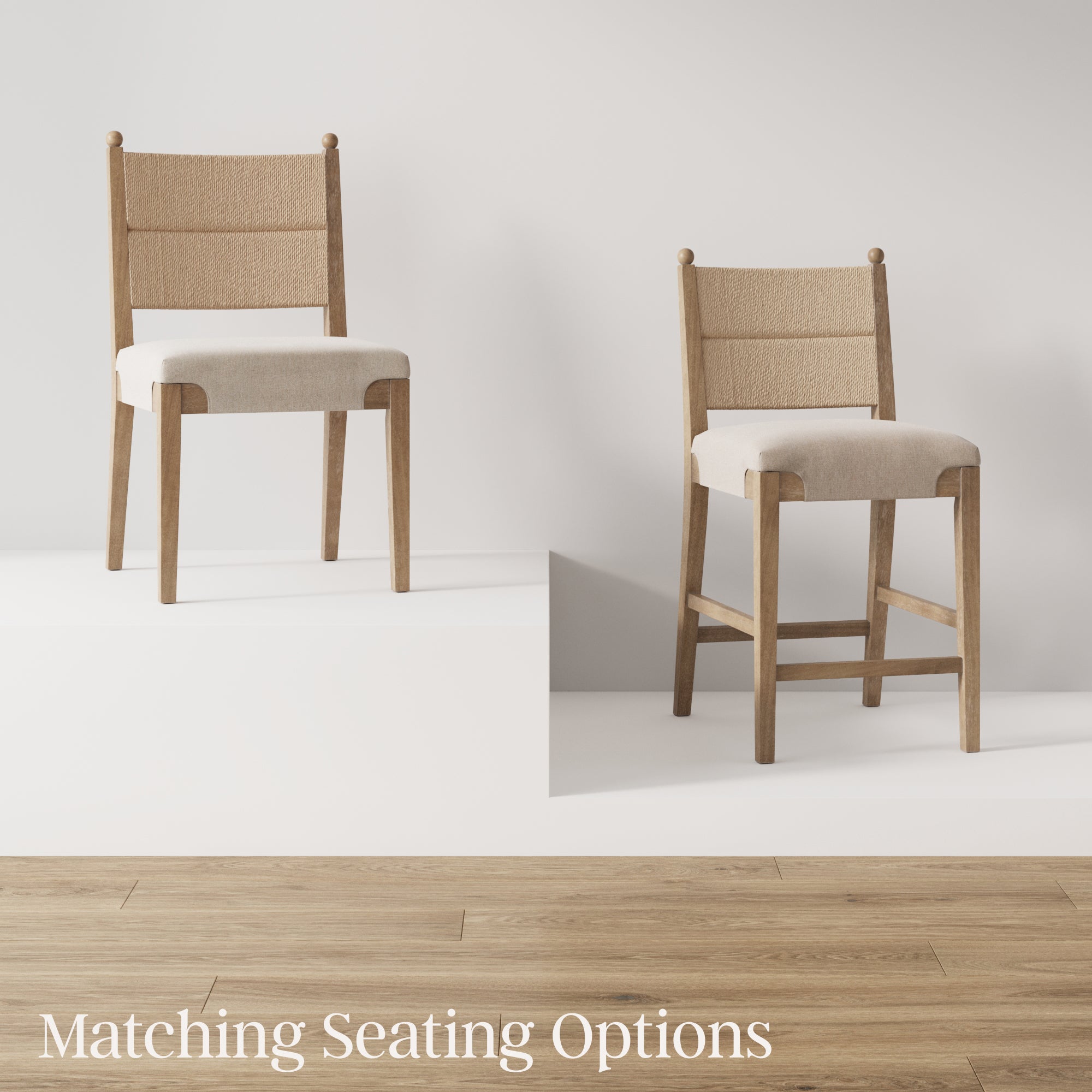 Two wooden chairs with beige upholstered seats and backs are displayed on a wooden floor with a plain white background. One chair is a standard height, and the other is a taller barstool. Text reads Matching Seating Options.