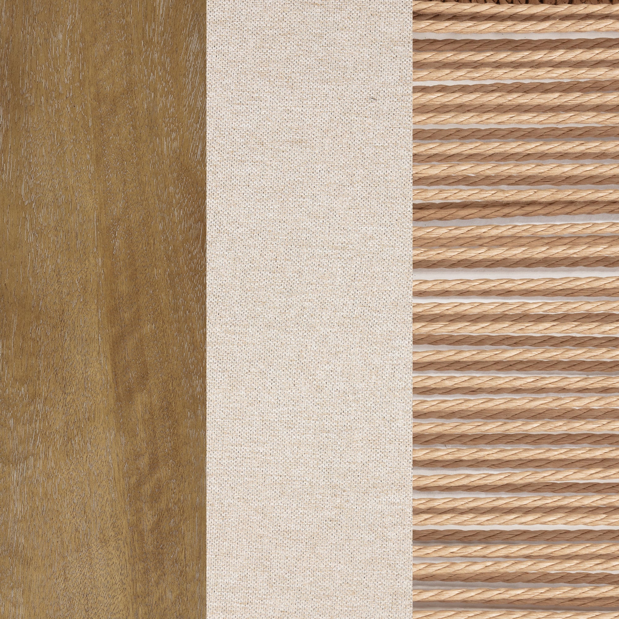Close-up of three vertical panels: light brown wood on the left, beige textured fabric in the center, and tightly spaced horizontal ropes on the right.