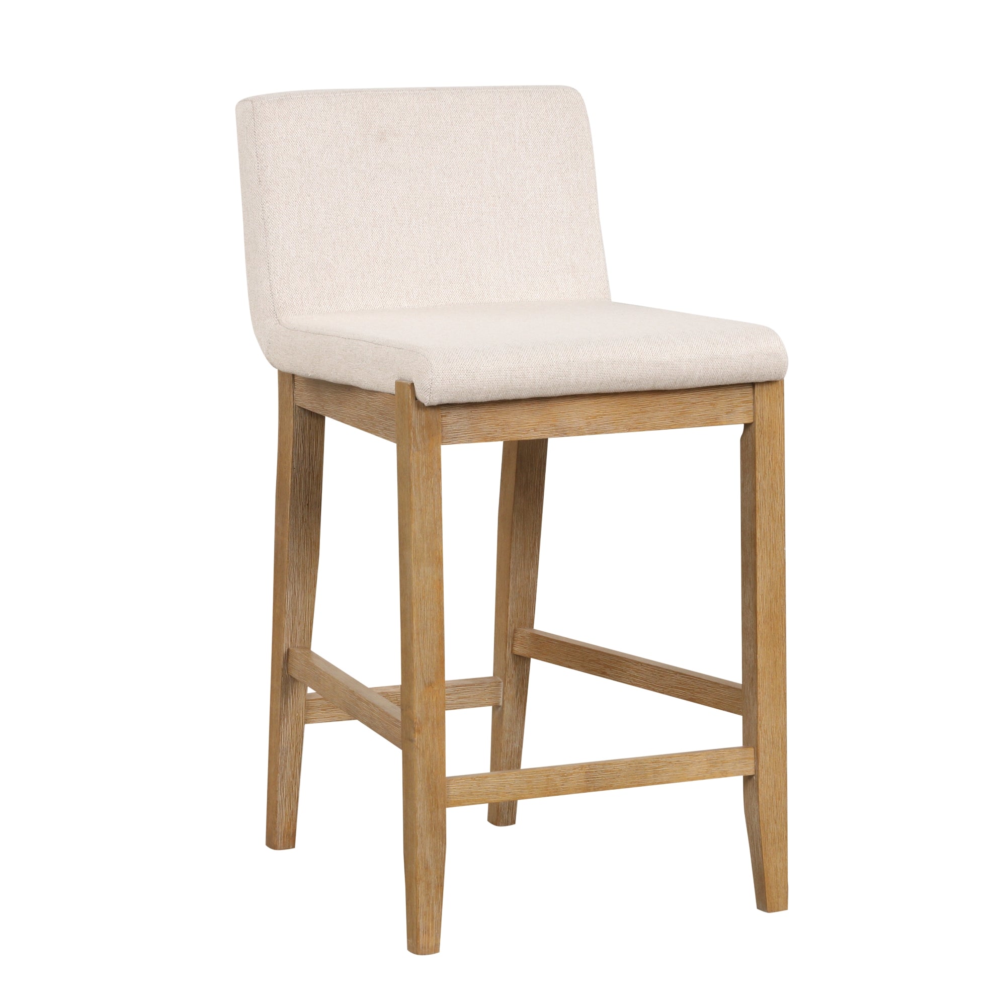 A modern bar stool with a light wooden frame and beige upholstered seat and backrest, featuring straight legs connected by support bars.