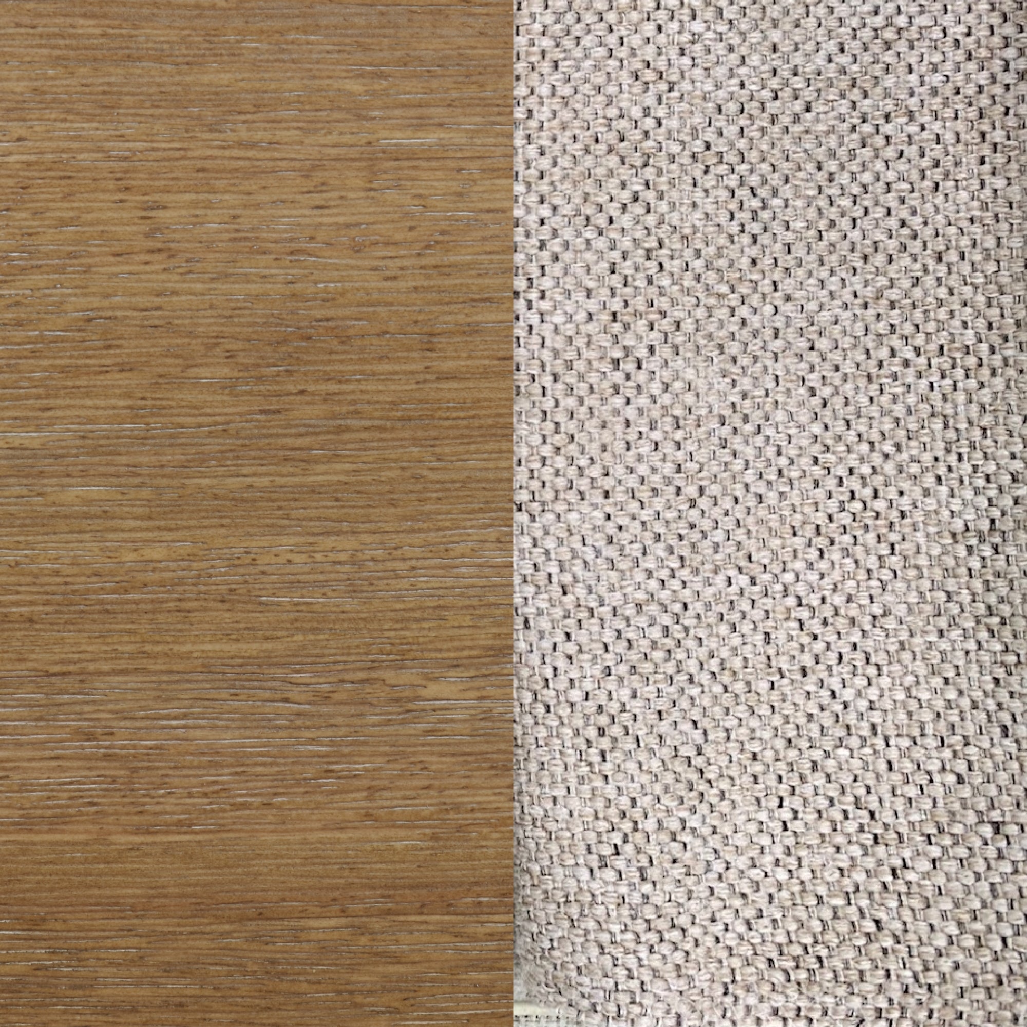 A close-up showing two textures side by side: smooth, light brown wood grain on the left and coarse, beige woven fabric on the right.