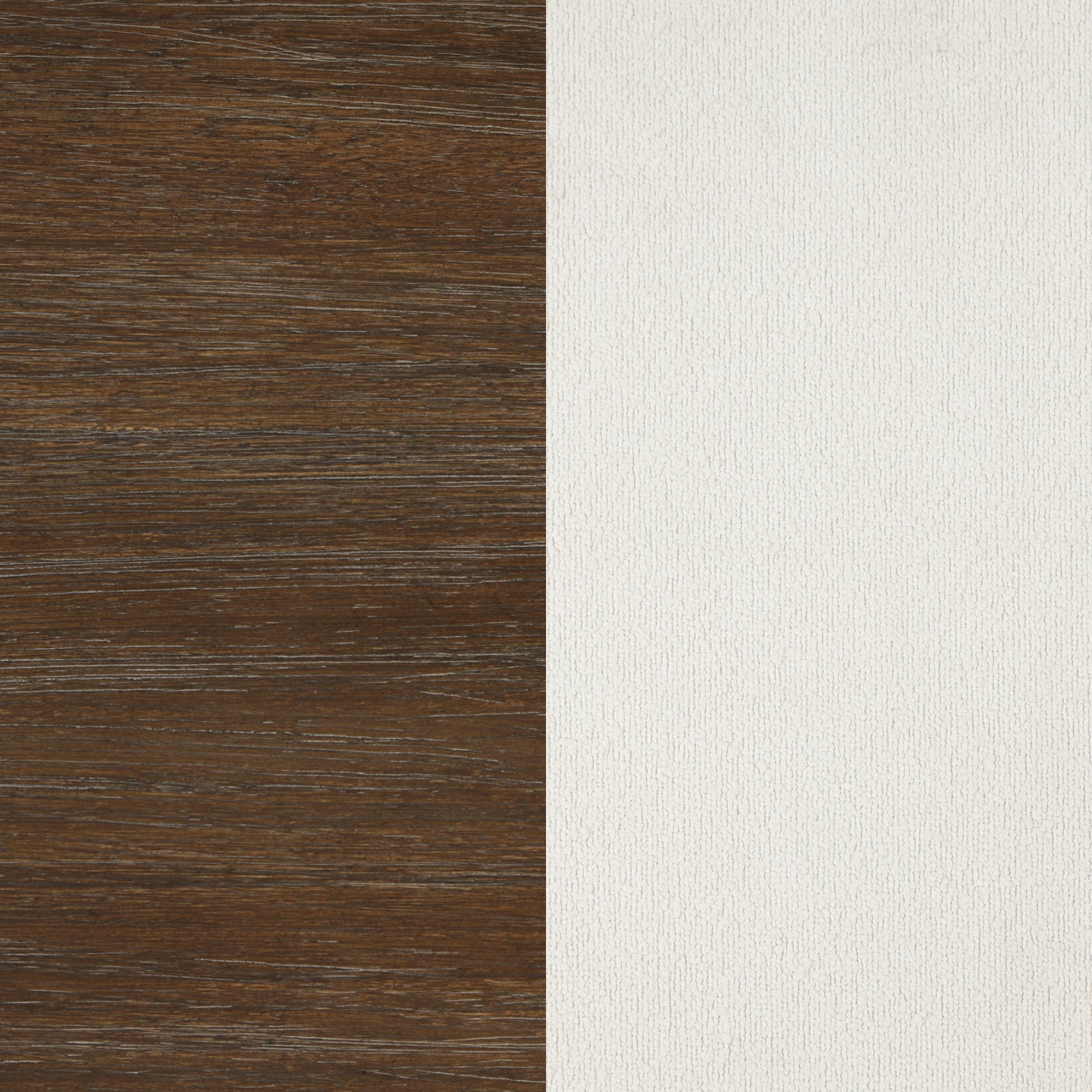 A split background with two textures: the left side is dark brown wood grain, and the right side is smooth, off-white fabric.