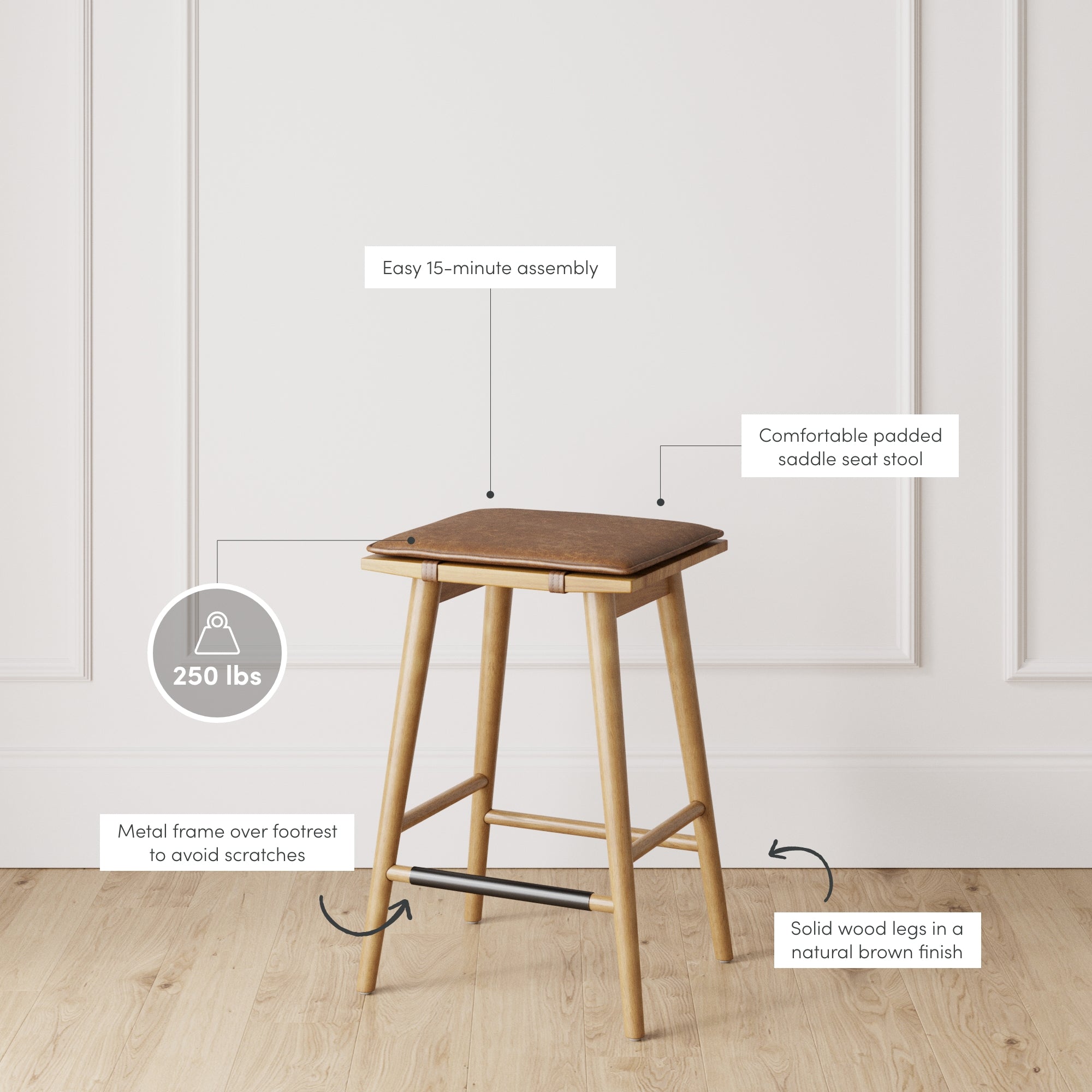 A wooden bar stool with a brown padded saddle seat, a metal footrest, and solid wood legs. Text highlights easy 15-minute assembly, supports up to 250 lbs, and describes the stools comfort and durability features.