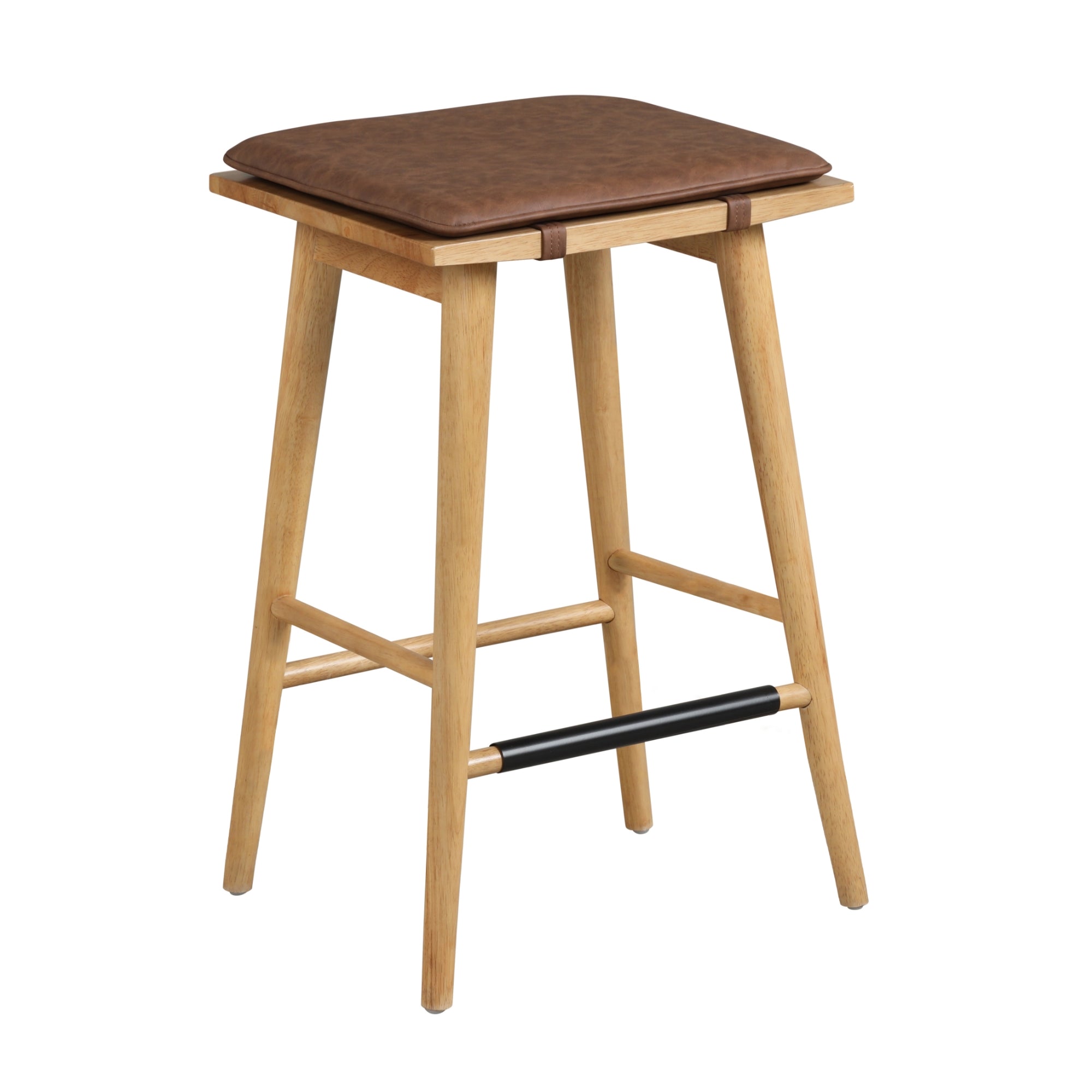 A wooden bar stool with four legs, a brown cushioned seat, and footrests, including a black metal bar on the front lower rung.