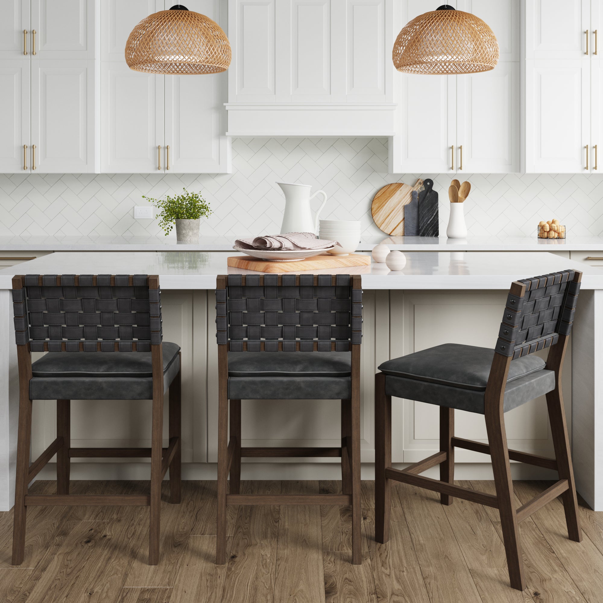 Faux Leather Woven Counter Height Bar Stools Black (Set of 3) - Nathan James