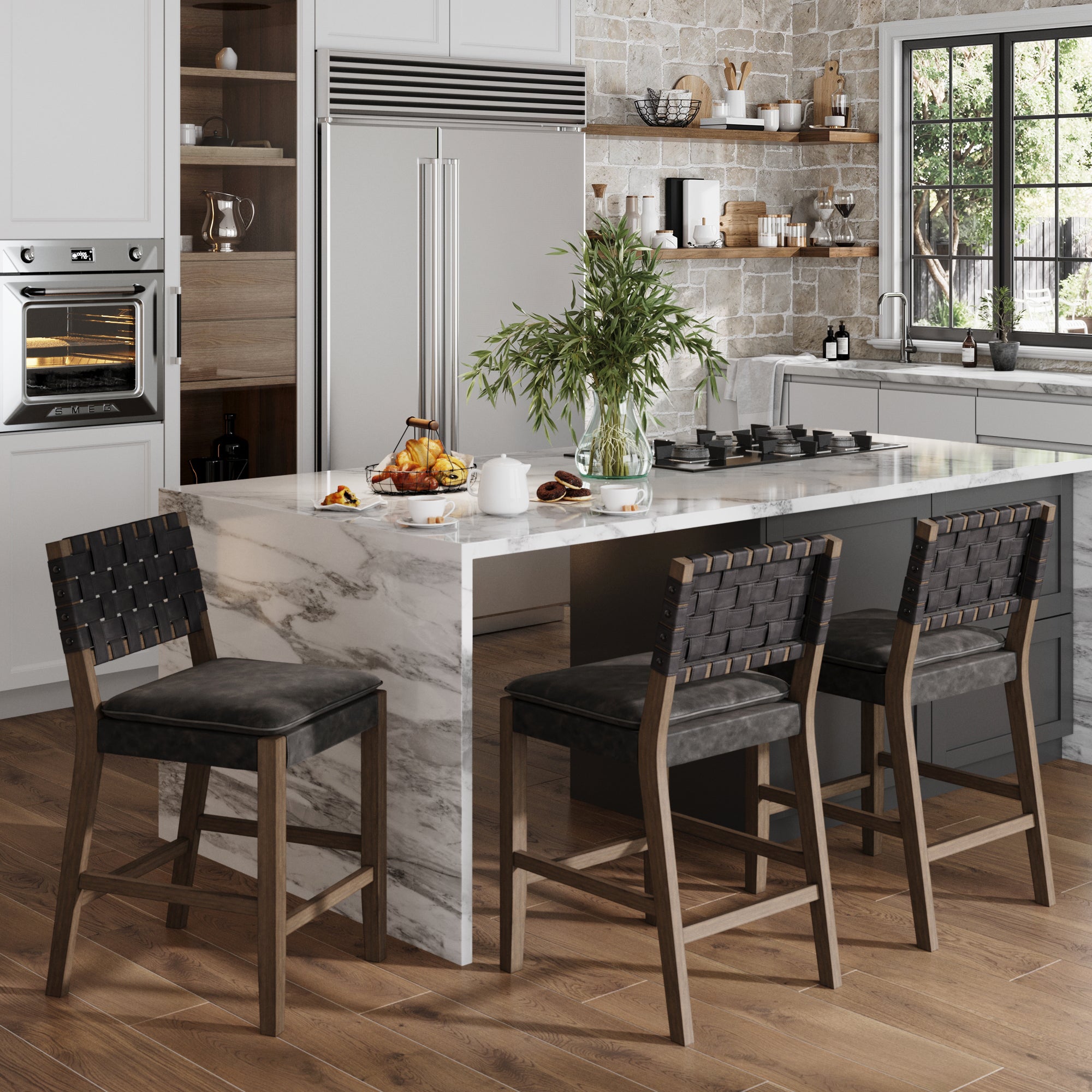 Faux Leather Woven Counter Height Bar Stools Black (Set of 3) - Nathan James