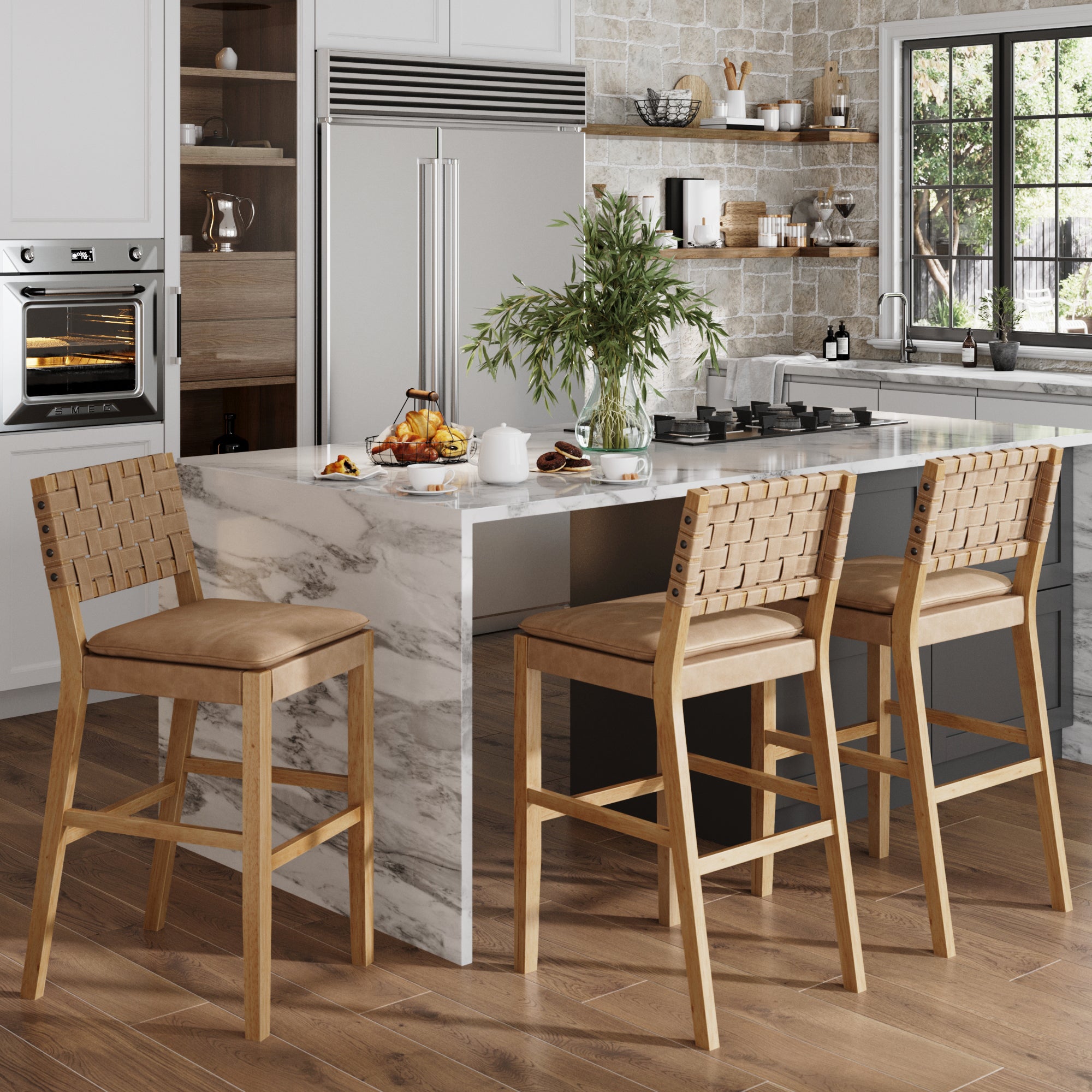 Faux Leather Woven Bar Stools Brown (Set of 3) - Nathan James