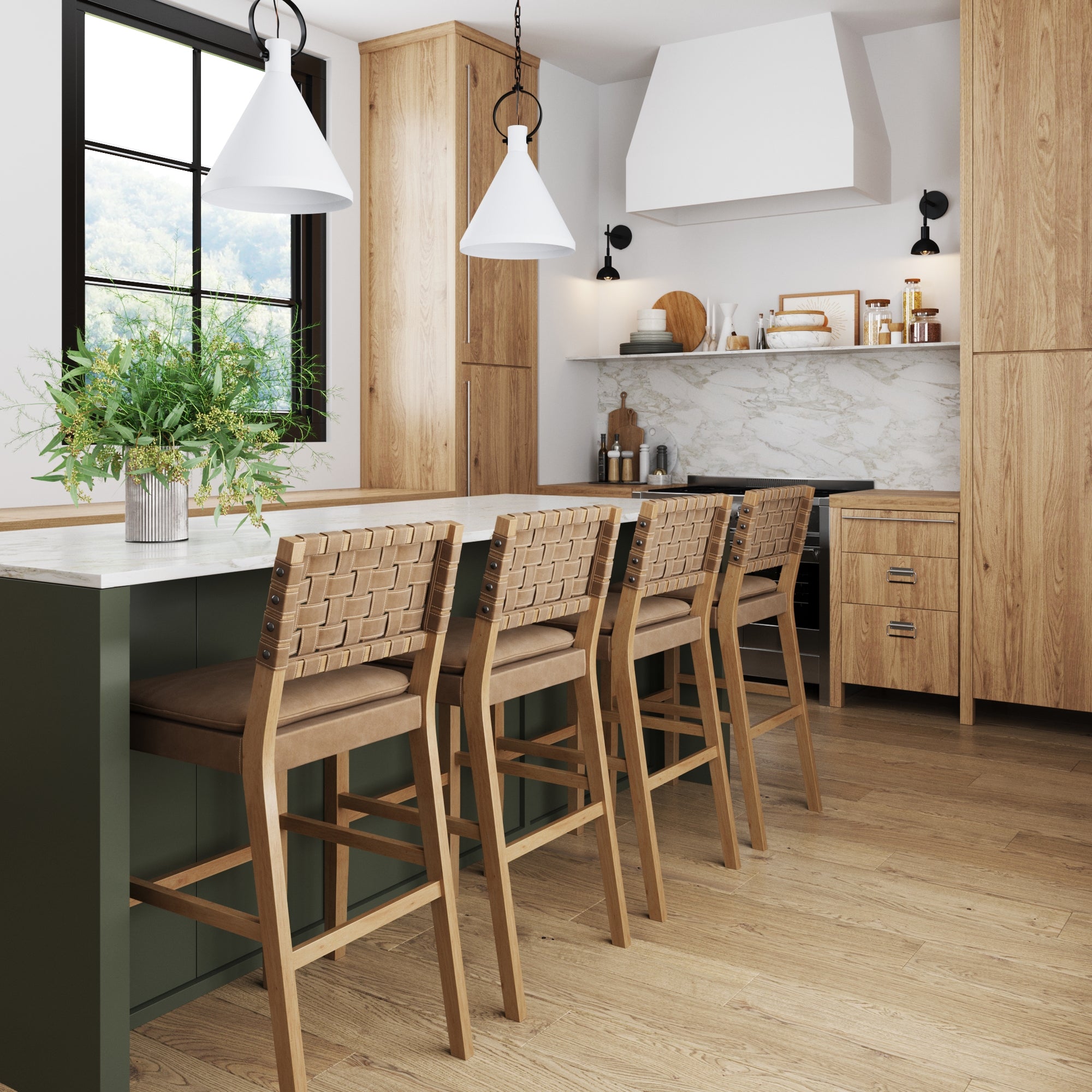 Modern kitchen with natural wood cabinets, marble backsplash, green island with four woven barstools, white pendant lights, and a potted plant on the island. Large window lets in natural light.