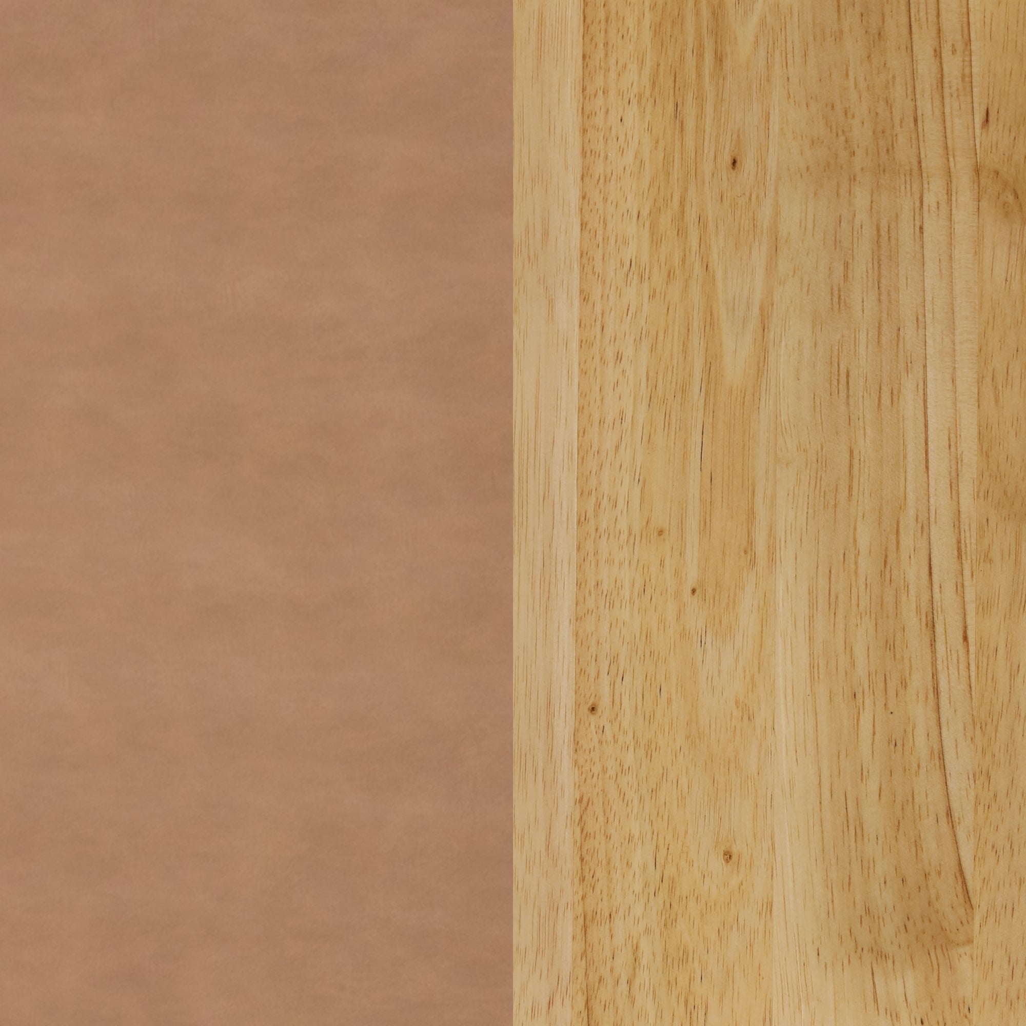A vertical split image with a smooth, light brown leather texture on the left side and a natural, light wood grain surface on the right side.