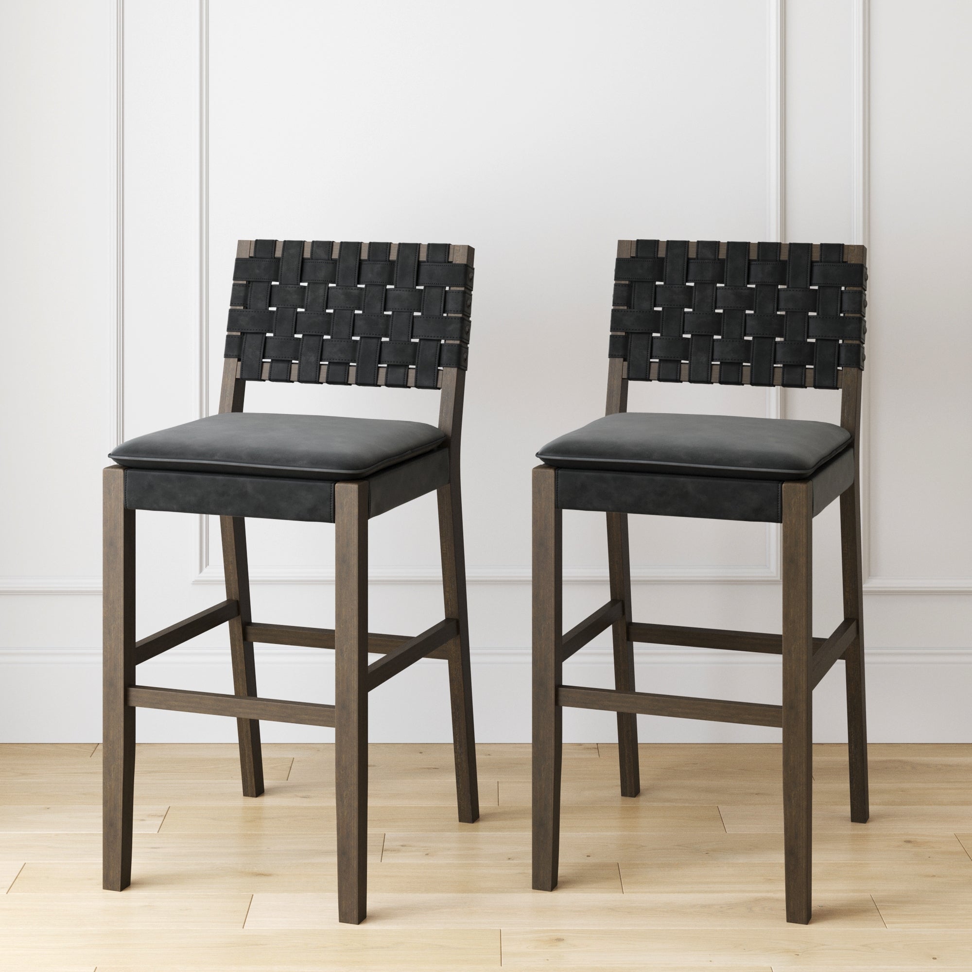 Faux Leather Woven Bar Stools Black (Set of 2) - Nathan James